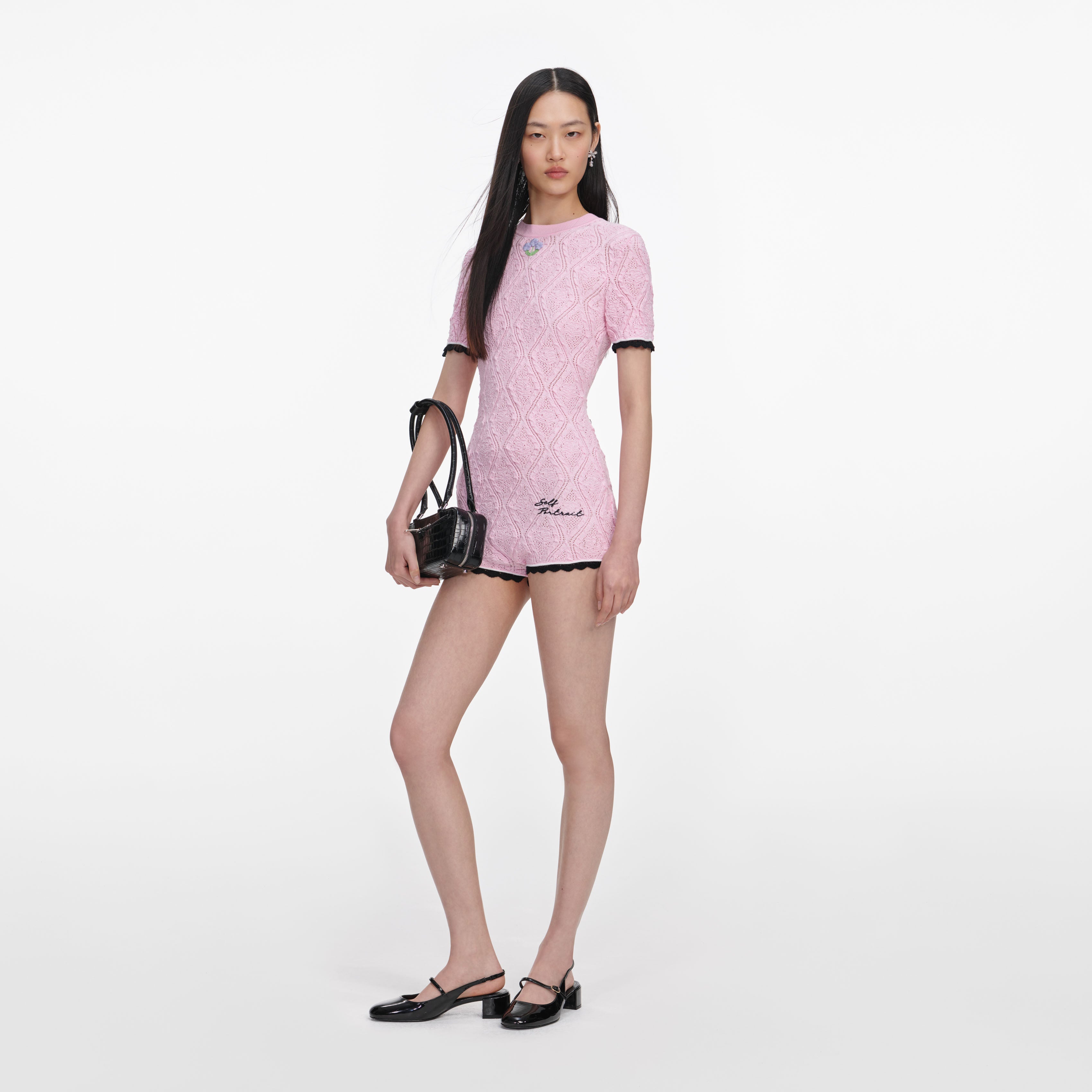 Self Portrait Pointelle Playsuit Rosa Strick Stickerei