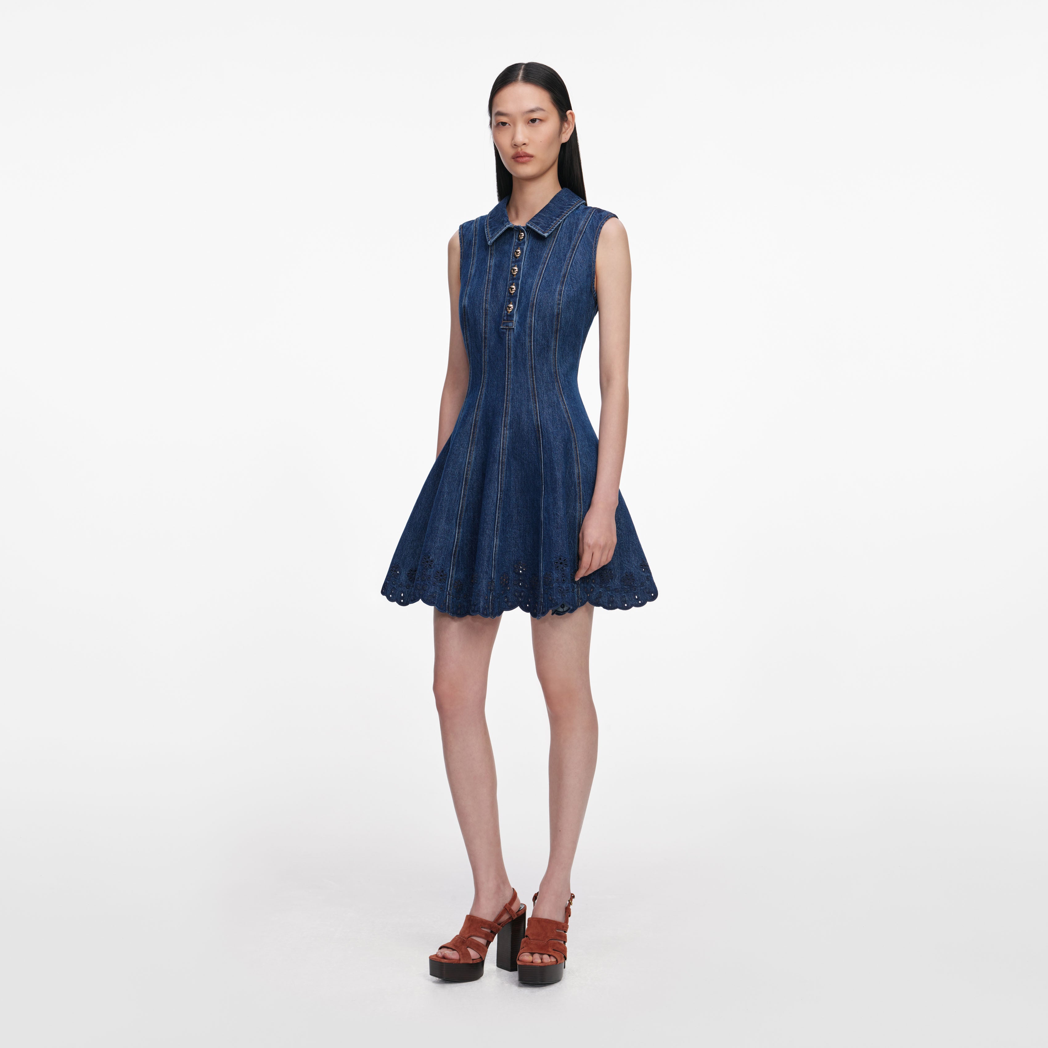 Self Portrait Denim Broderie Minikleid Blau UK 10 Stretch