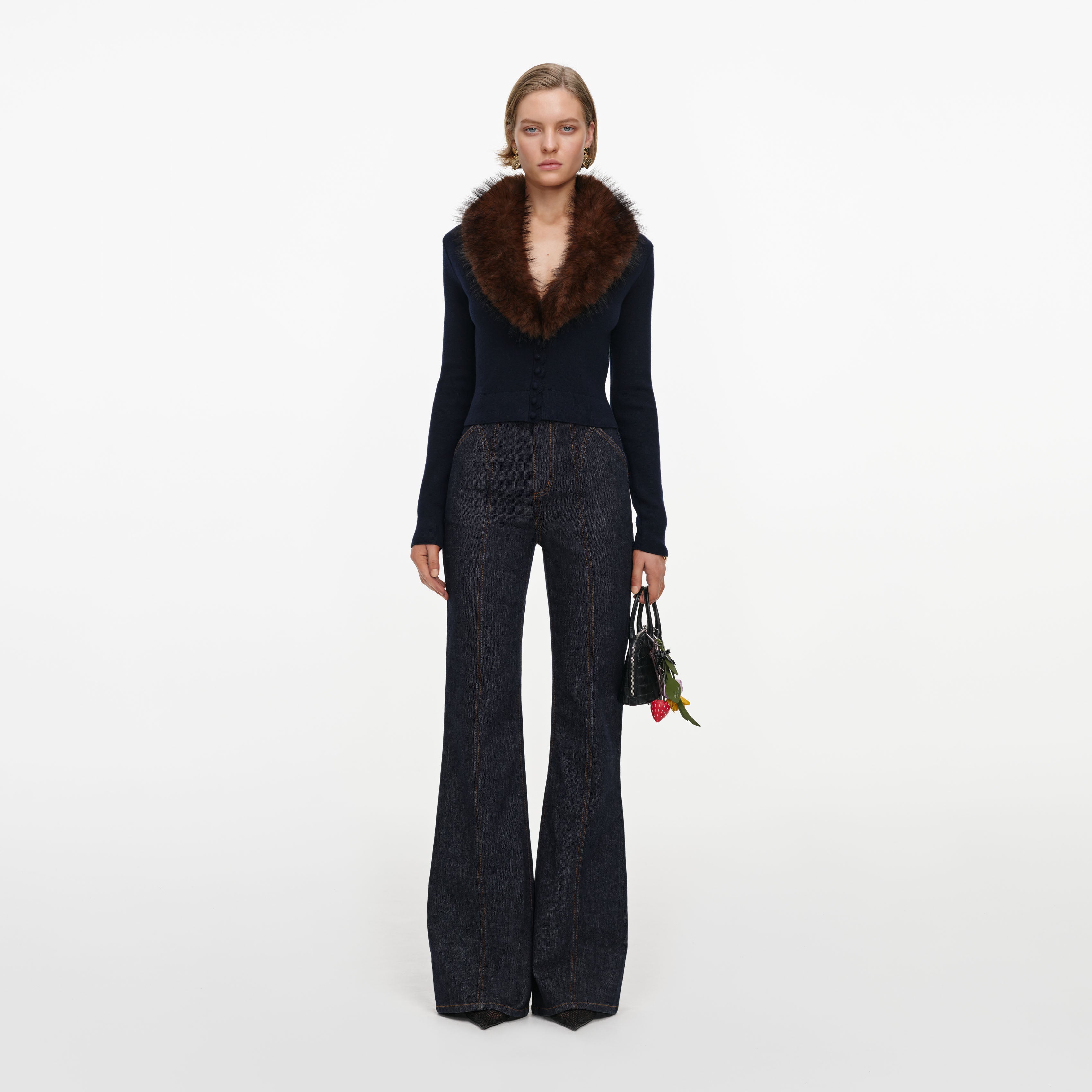 Self Portrait Faux Fur Cardigan Strick Navy S