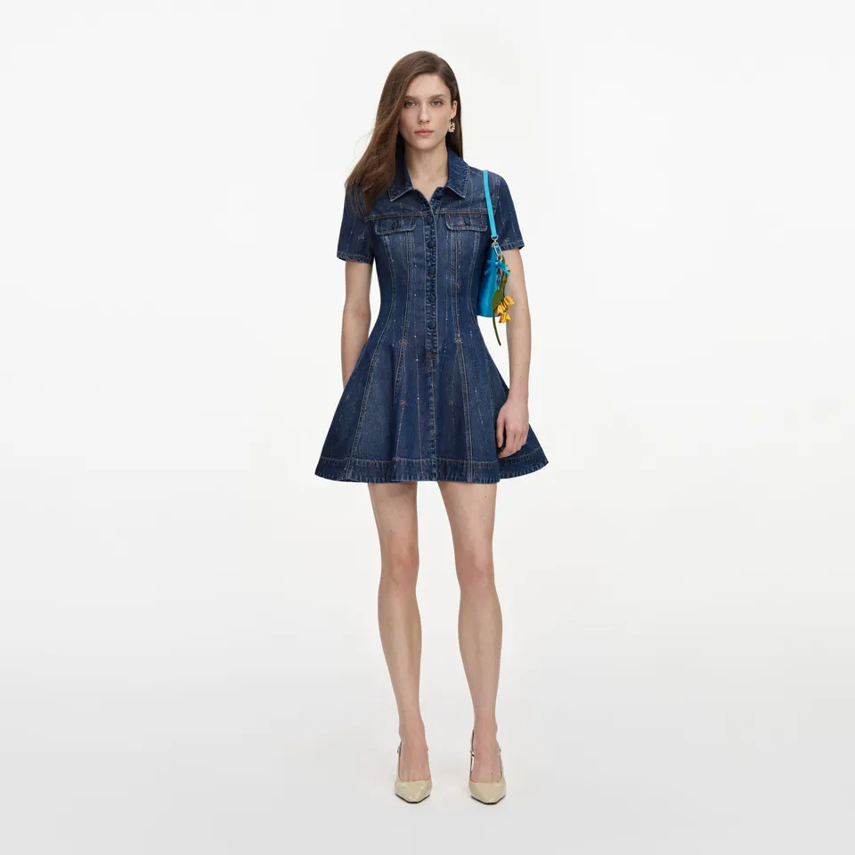 Self Portrait Denim Minikleid Blau Strassstreifen Taschen