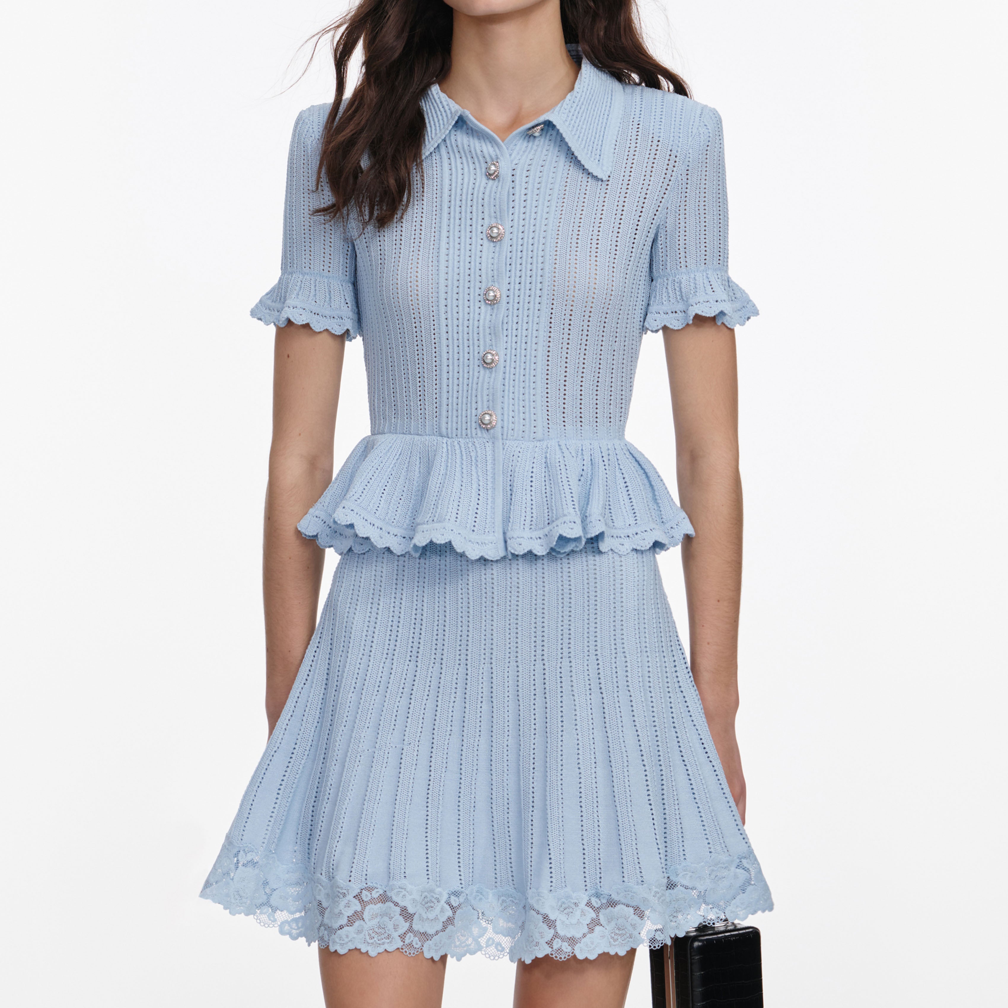 Self Portrait Blue Pointelle Peplum Knit Mini Kleid Blau Gr.S