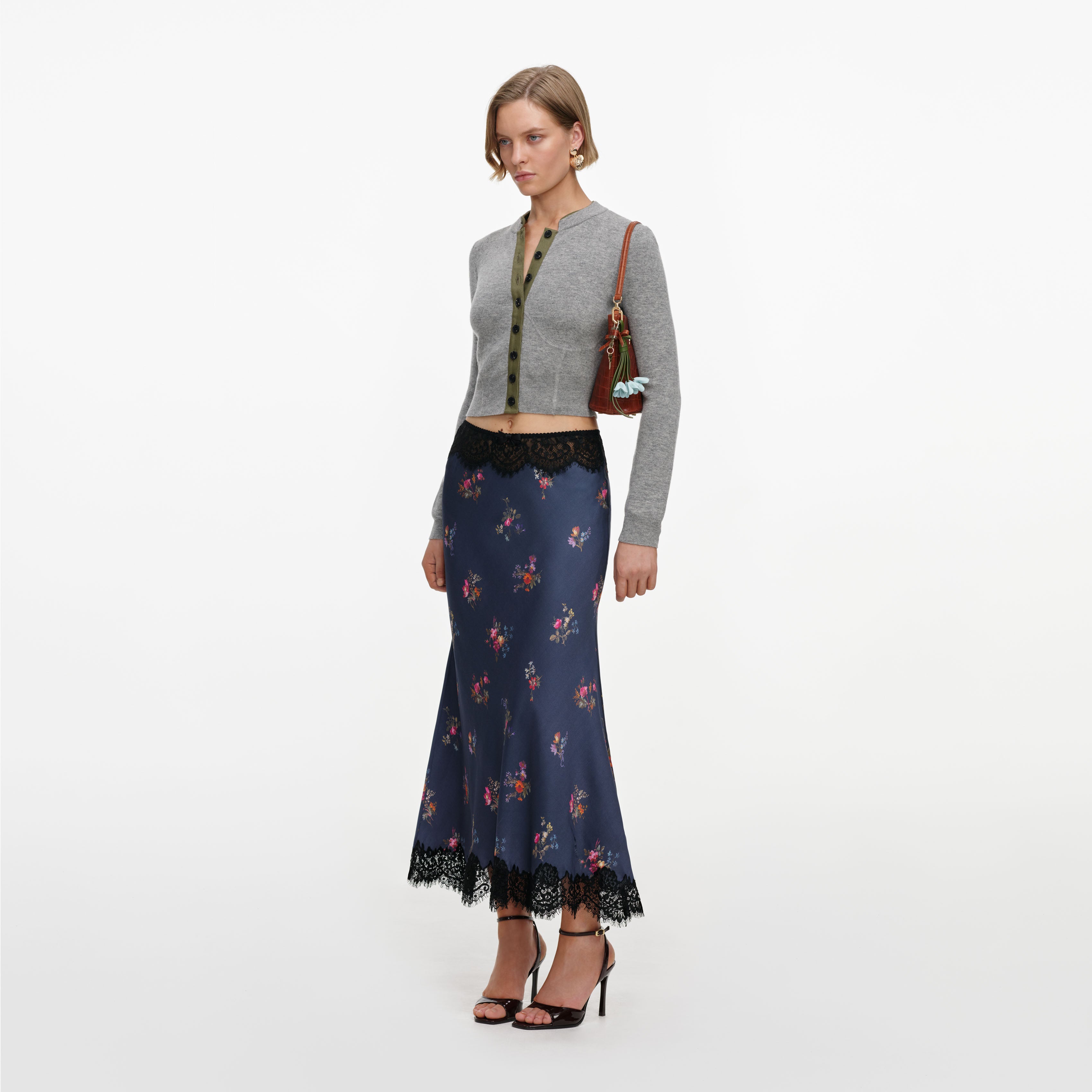 Self Portrait Navy Satin Midirock Blau Spitze Floral
