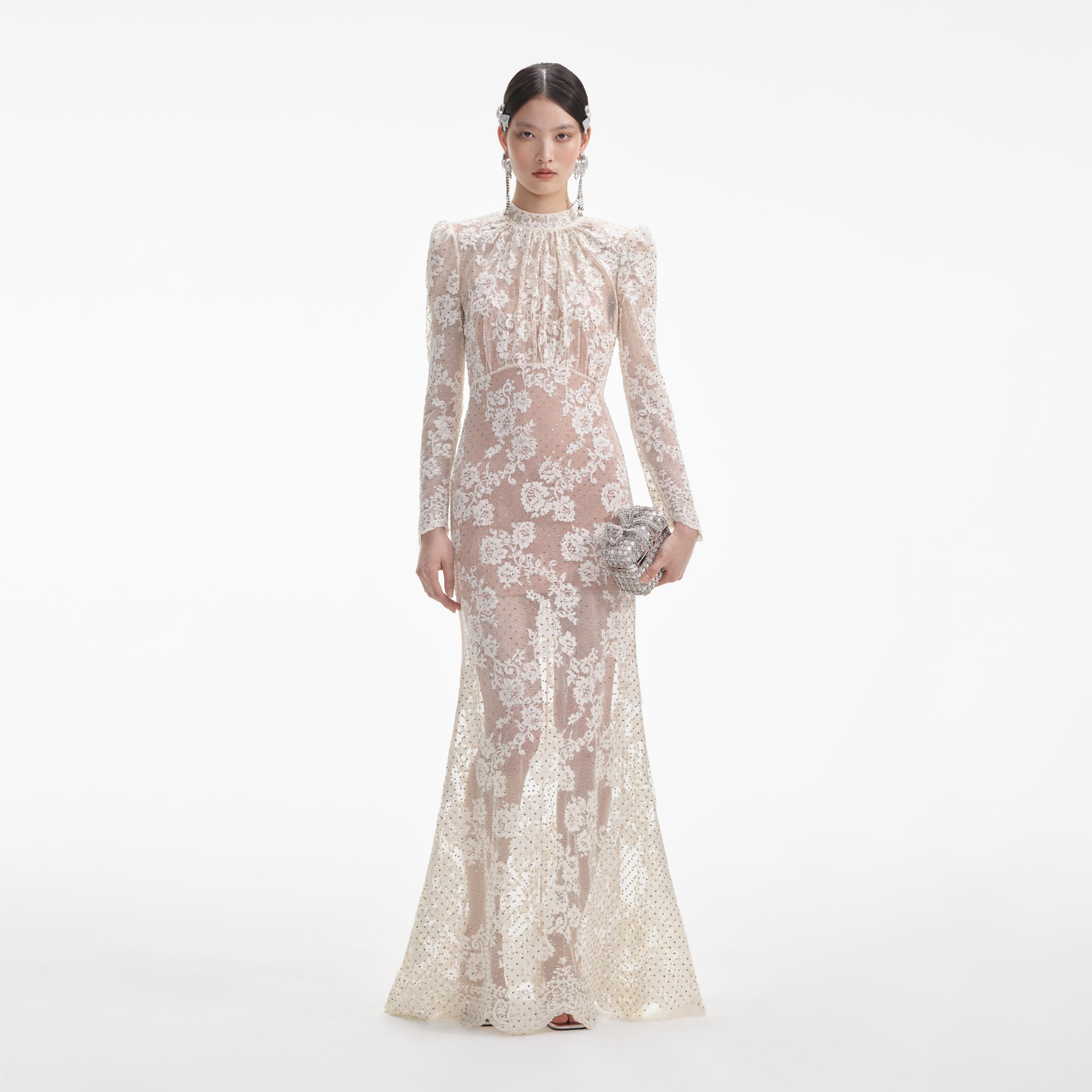 Self Portrait White Rhinestone Lace Maxi Kleid Weiß Strass