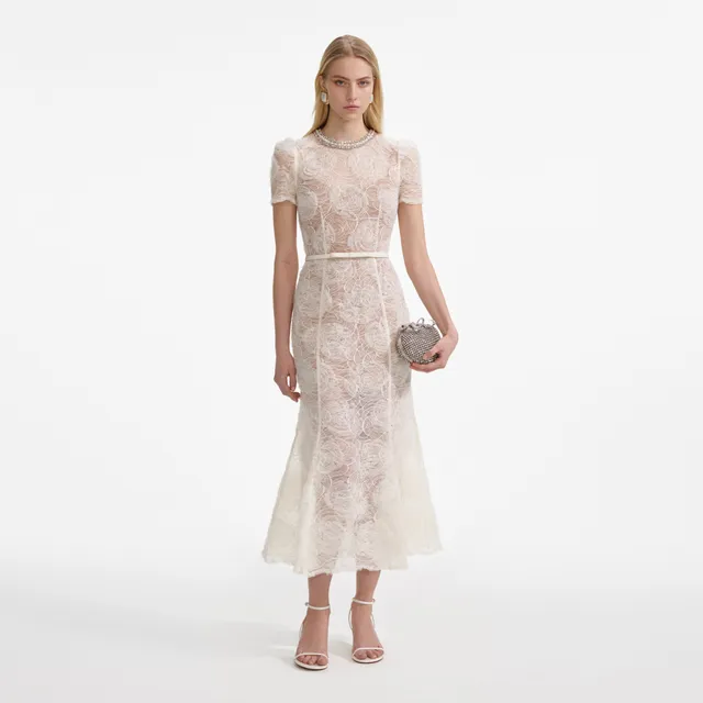 Self Portrait Midi Kleid Creme Tüll Spitze UK 8