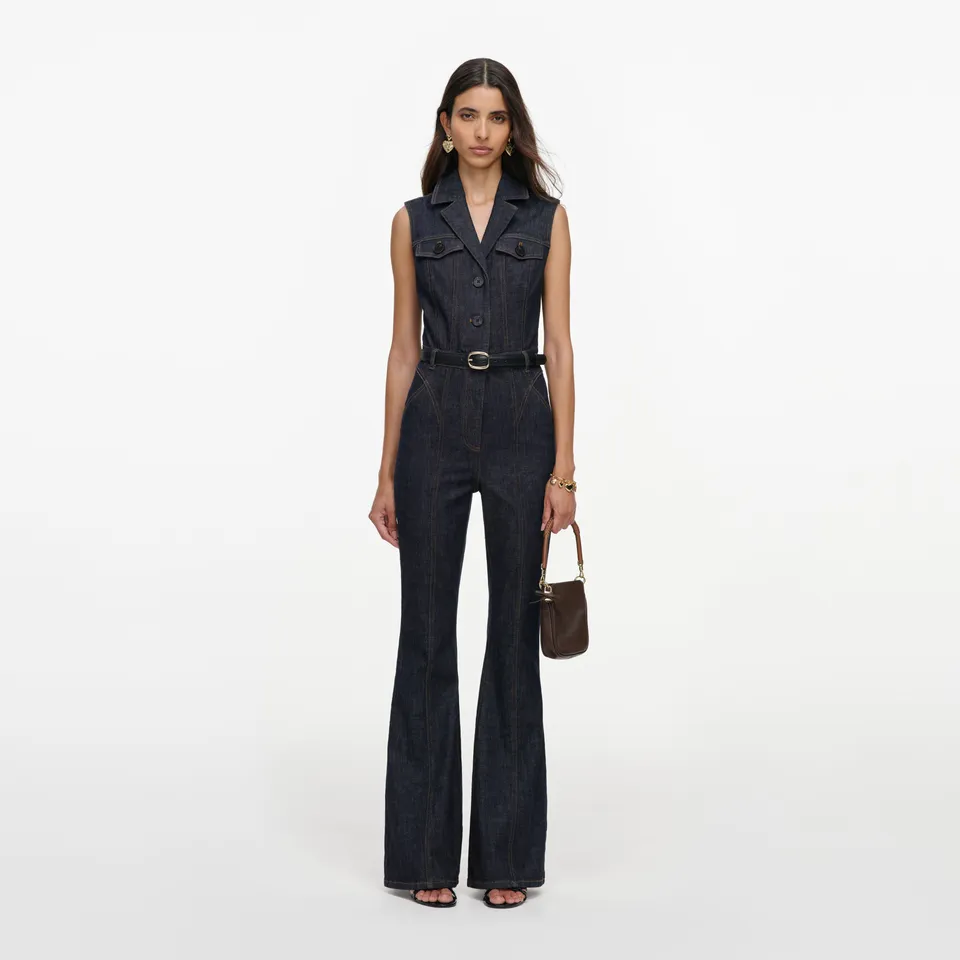 Self Portrait Denim Indigo Belted Denim Jumpsuit Overall UK 8