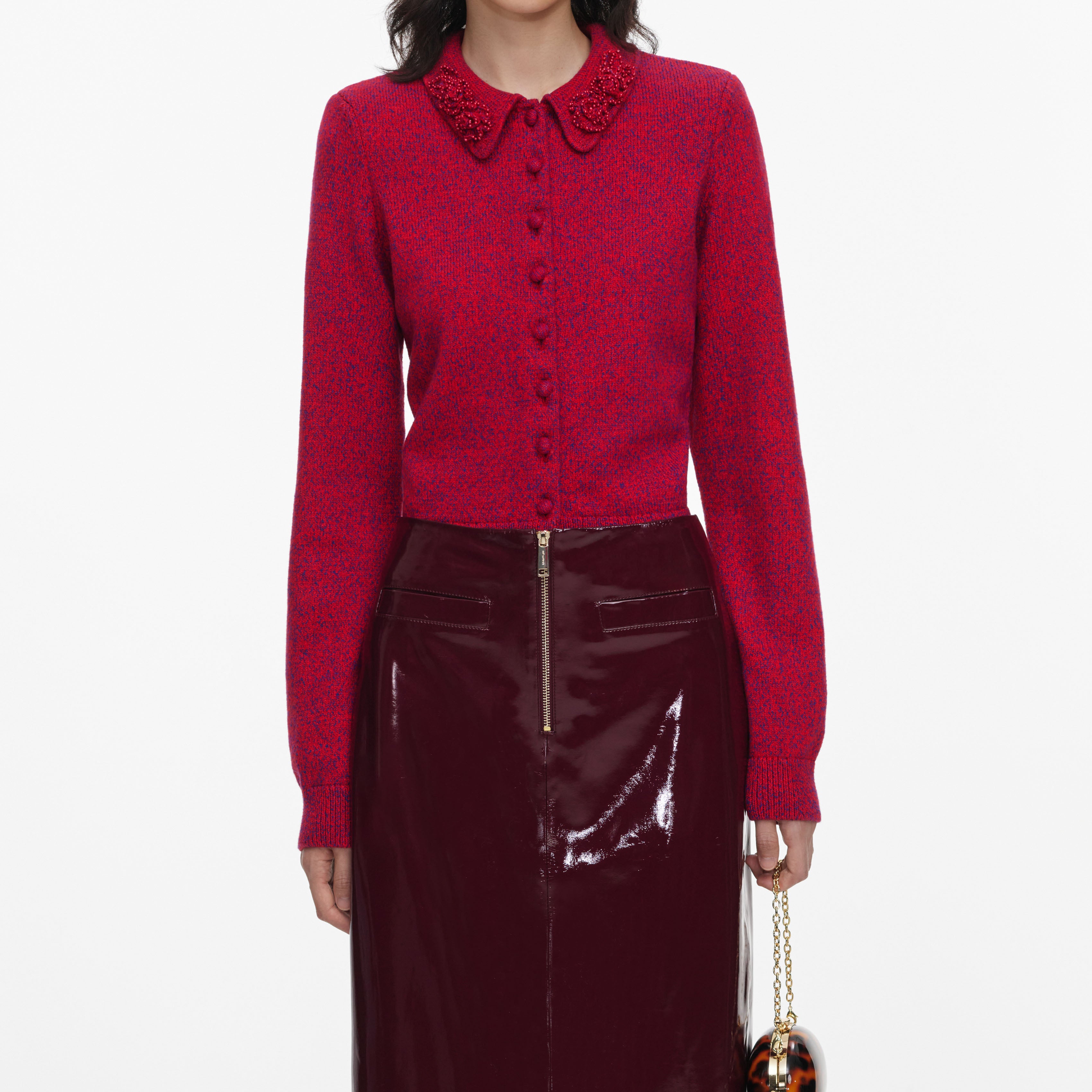 Self Portrait Red Flower Knit Cardigan S Rot Boucle
