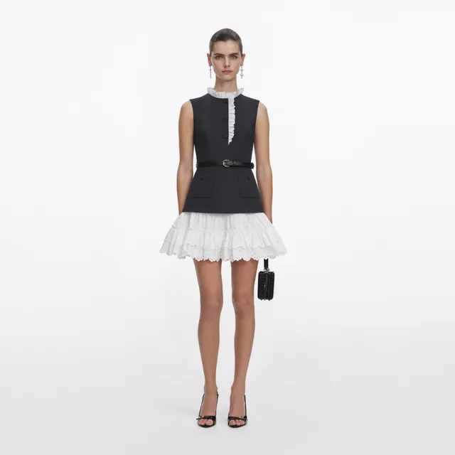 Self Portrait Grey Tailored Frill Minikleid Grau Wolle