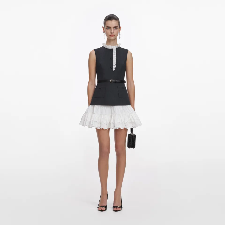 Self Portrait Grey Tailored Frill Minikleid Grau Wolle