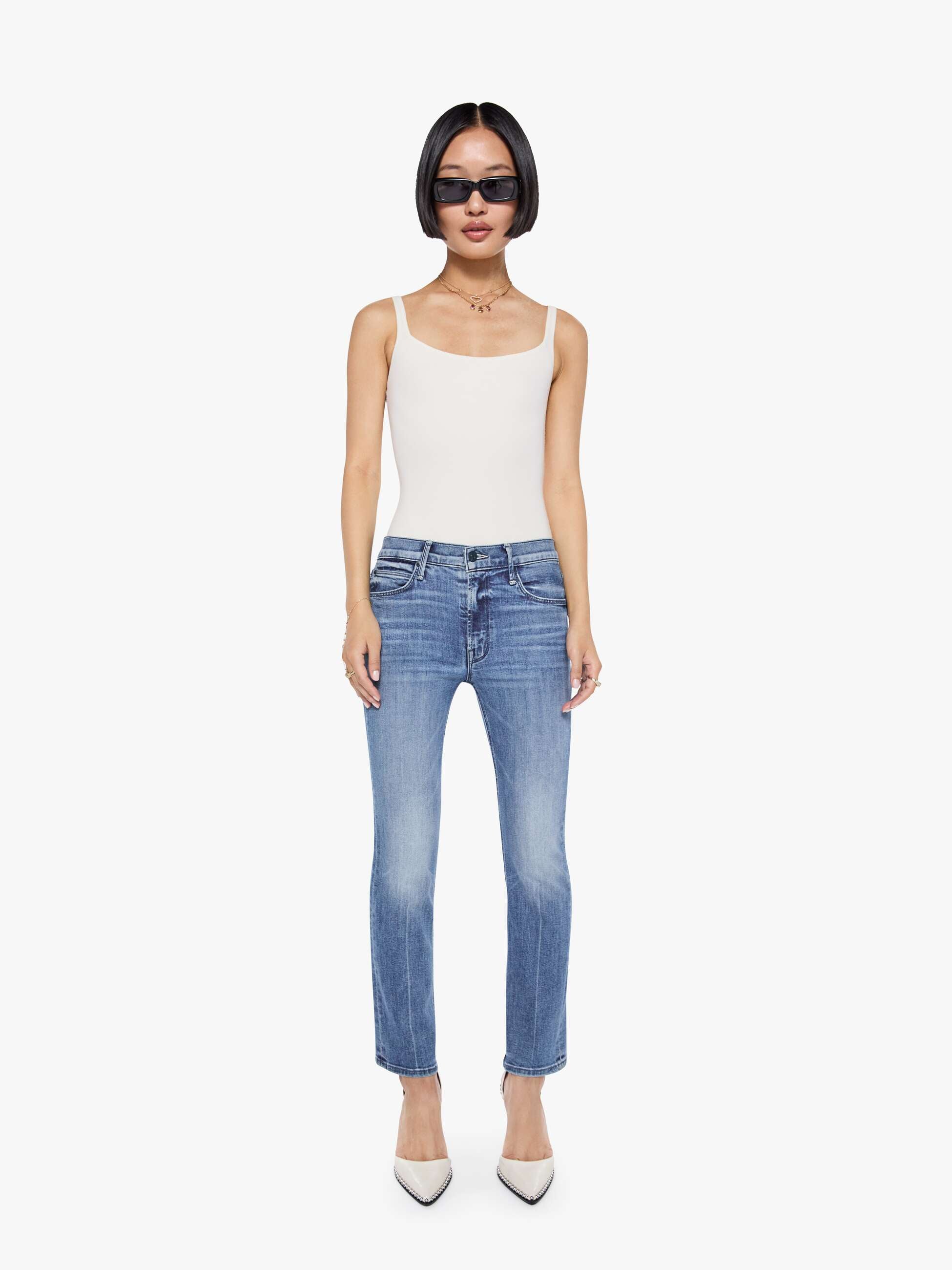 Mother Lil Mid Rise Dazzler Ankle Petite Jeans Blau