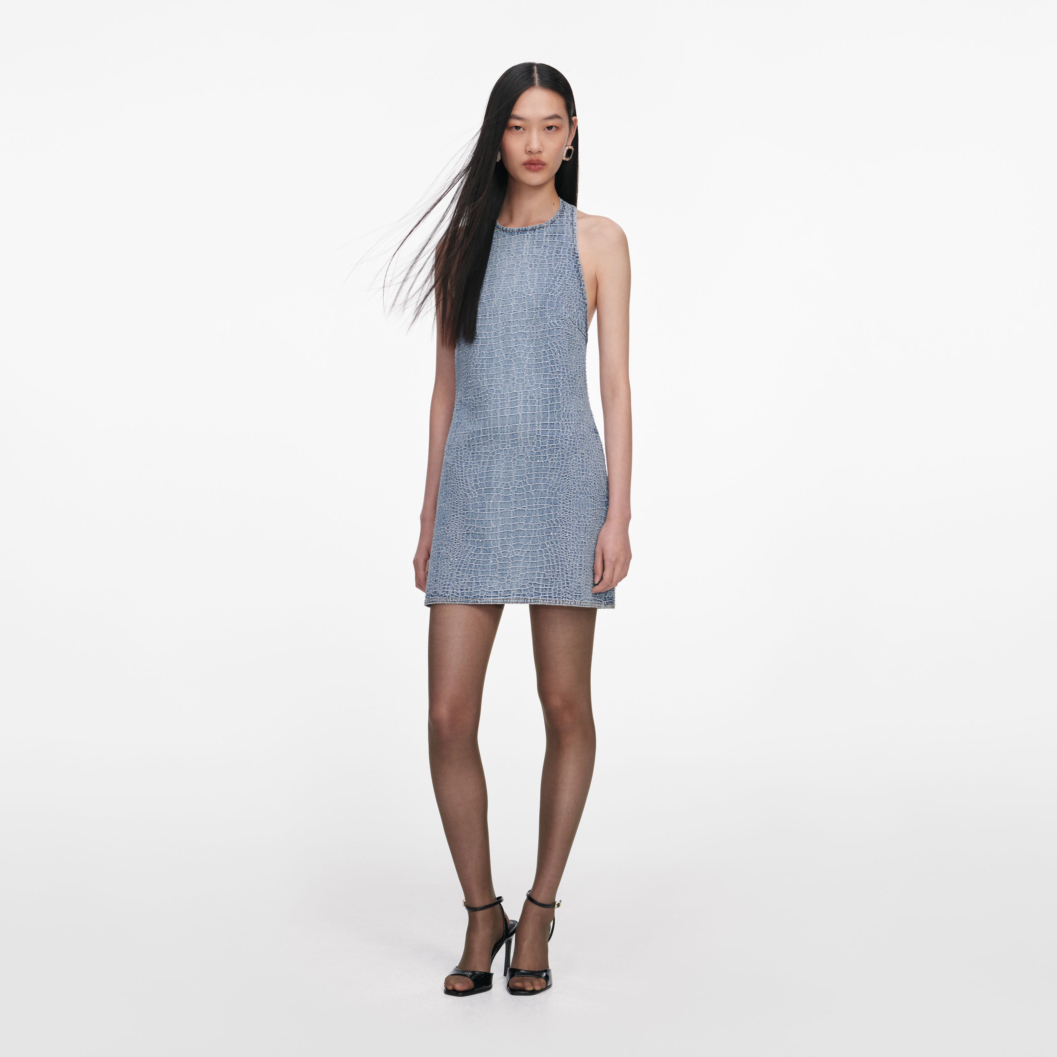 Self Portrait Denim Rhinestone Croc Mini Kleid Blau