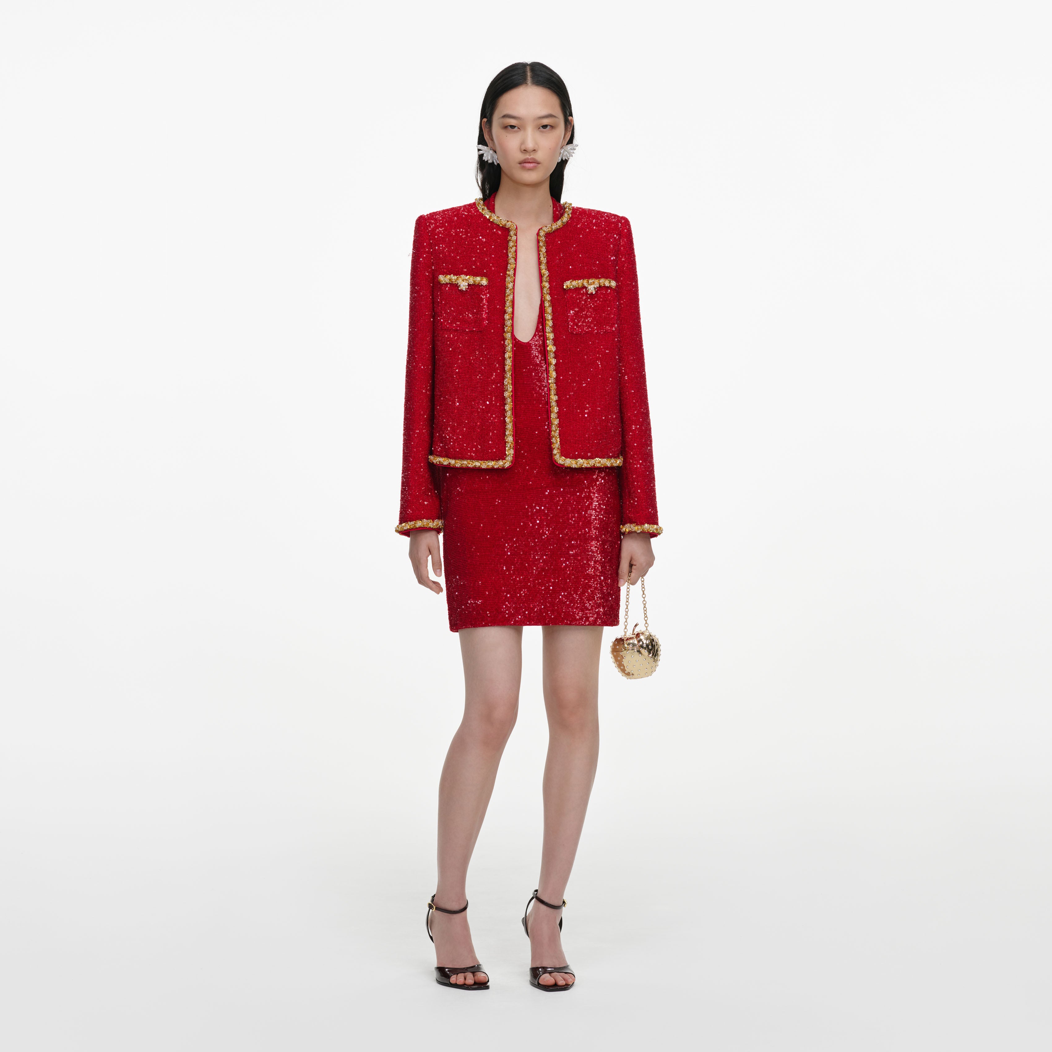 Self Portrait Red Sequin Halter Neck Mini Dress Kleid Rot