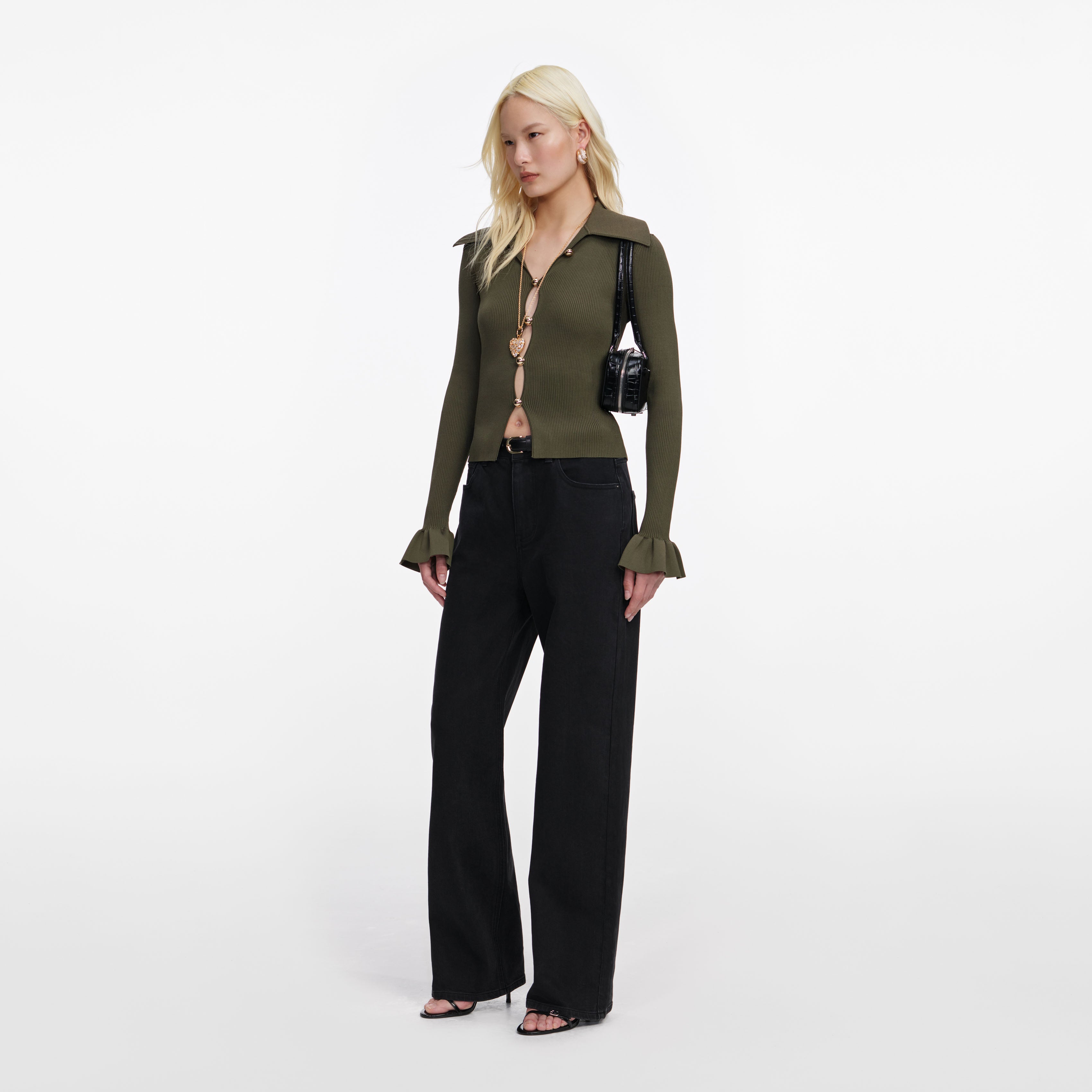 Self Portrait Knitwear Khaki Button Top Stricktop Goldknöpfe XS-L
