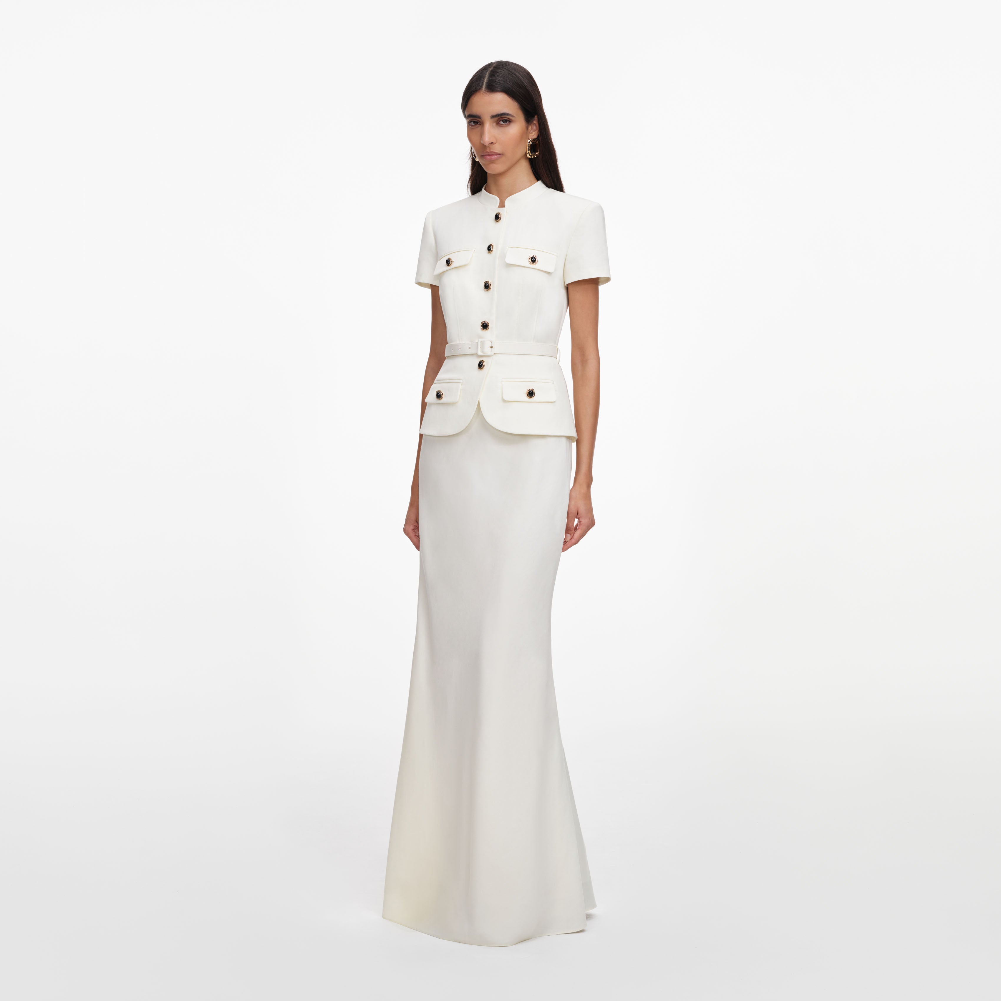 Self Portrait Linen Peplum Maxi Kleid Cream Leinen