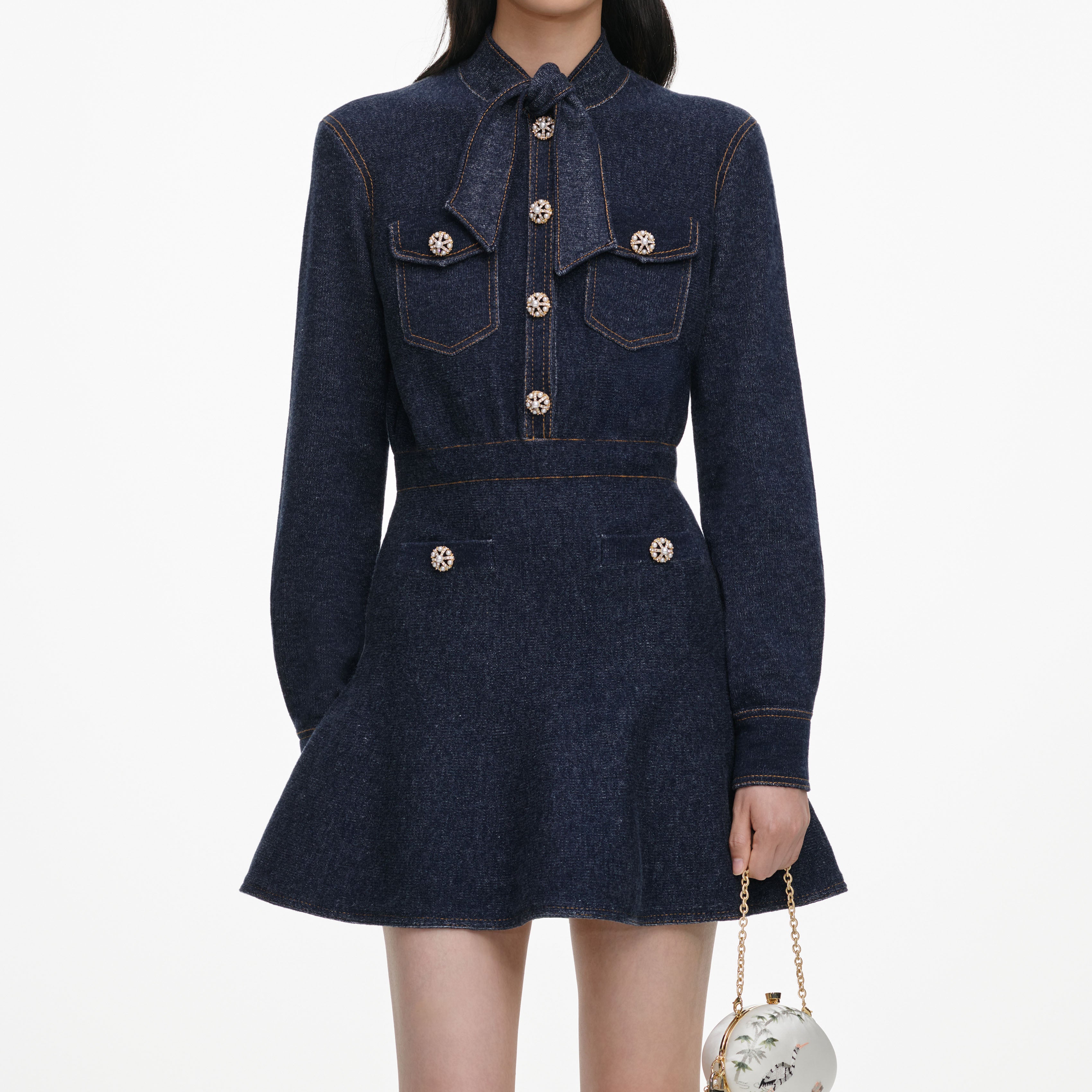 Self Portrait Navy Textured Knit Minikleid Blau Strick