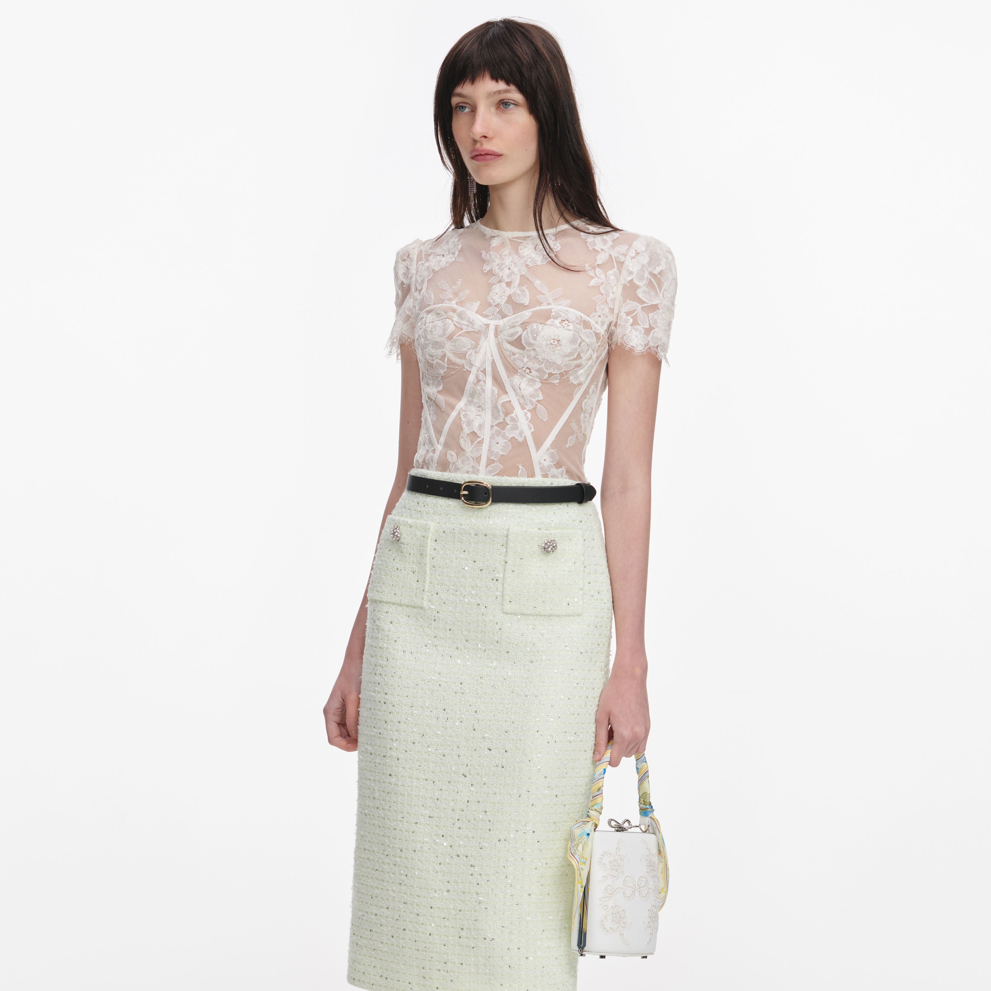 Self Portrait Cream Linen Floral Mini Bow Bag One Size