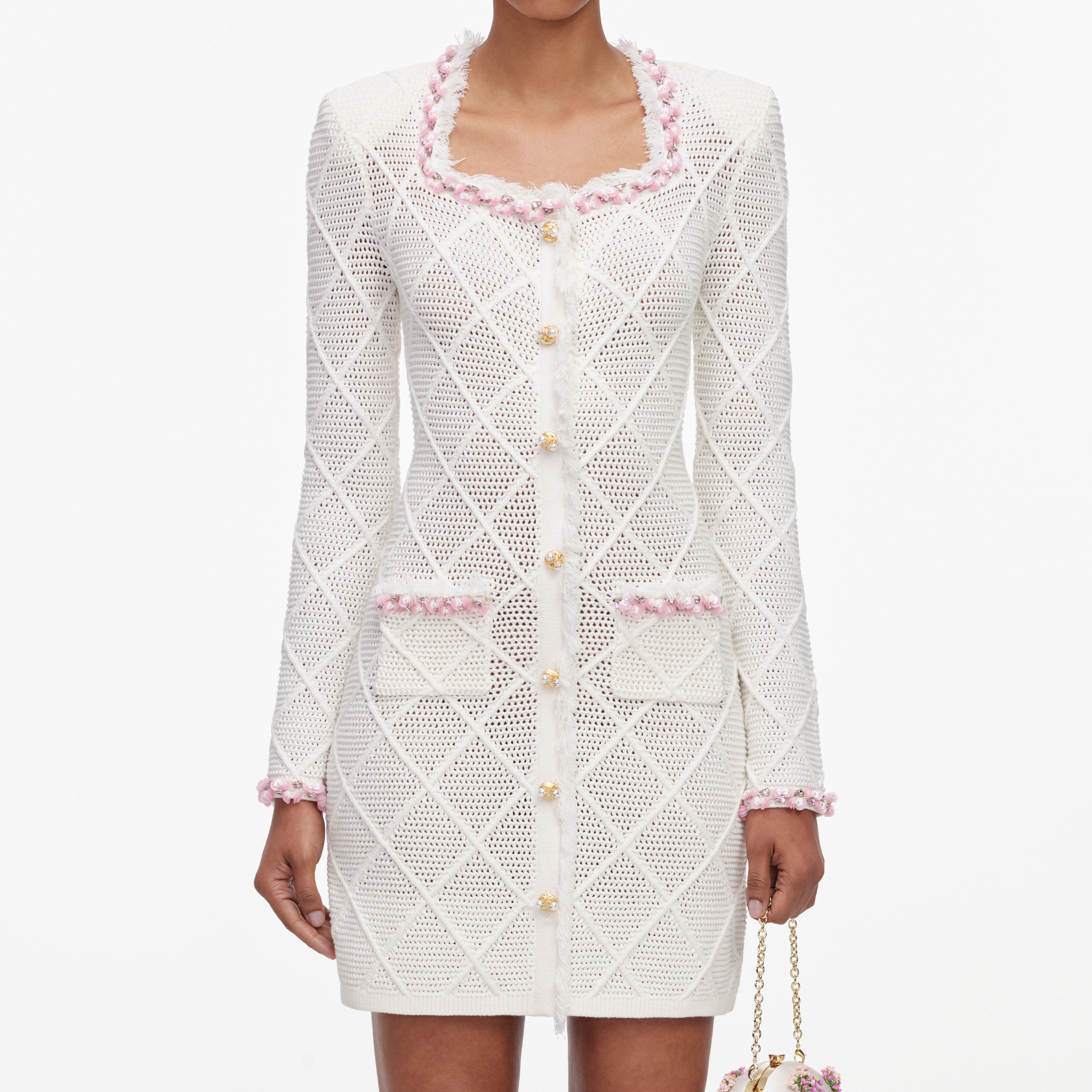 Self Portrait Cream Fringe Strick Mini Kleid Creme