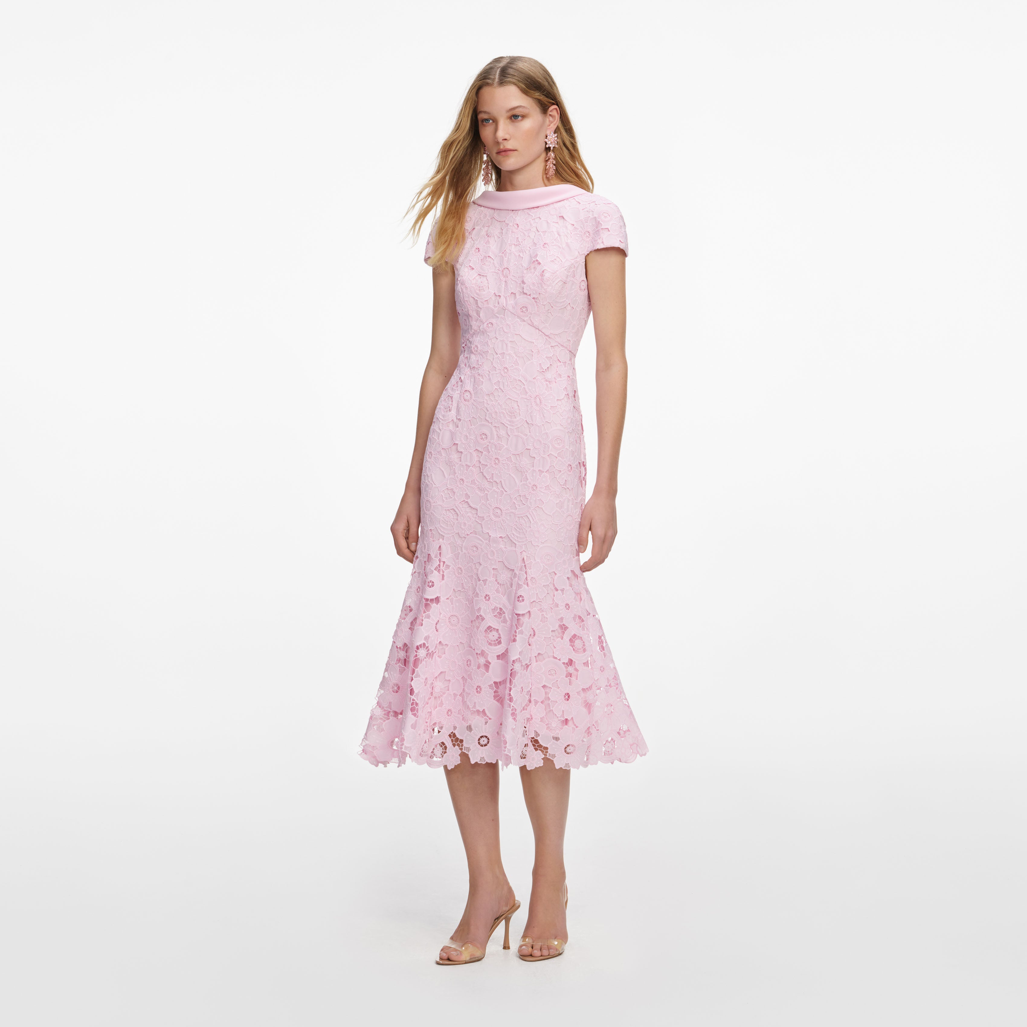 Self Portrait Lace Scoop Back Midikleid rosa Guipure Spitze