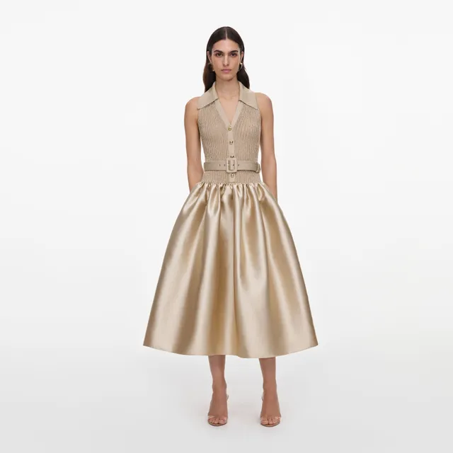 Self Portrait Gold Sleeveless Knit Midikleid Gold Taft
