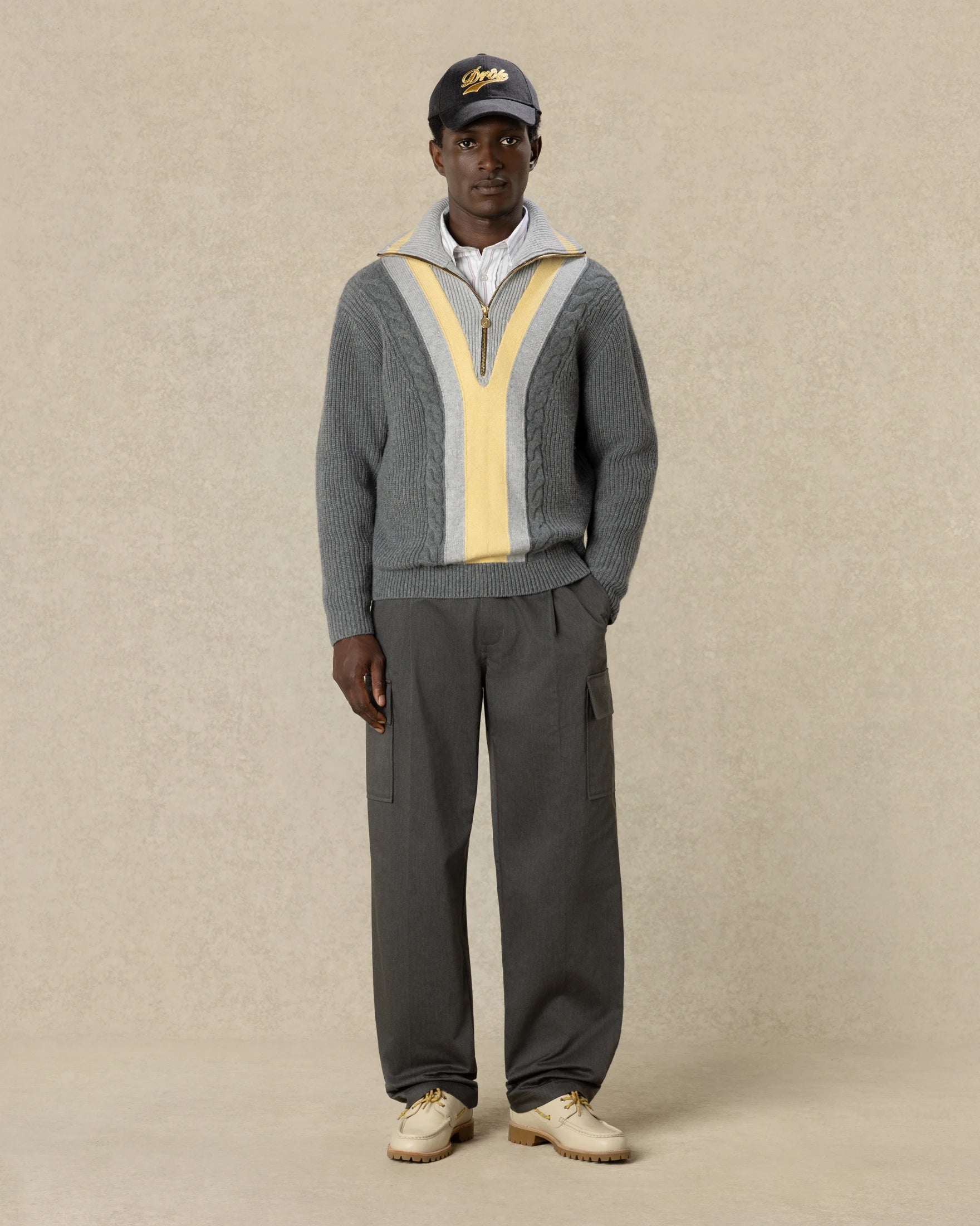 Drôle De Monsieur Half Zipped Trucker Sweater Strickpullover Grau Wolle