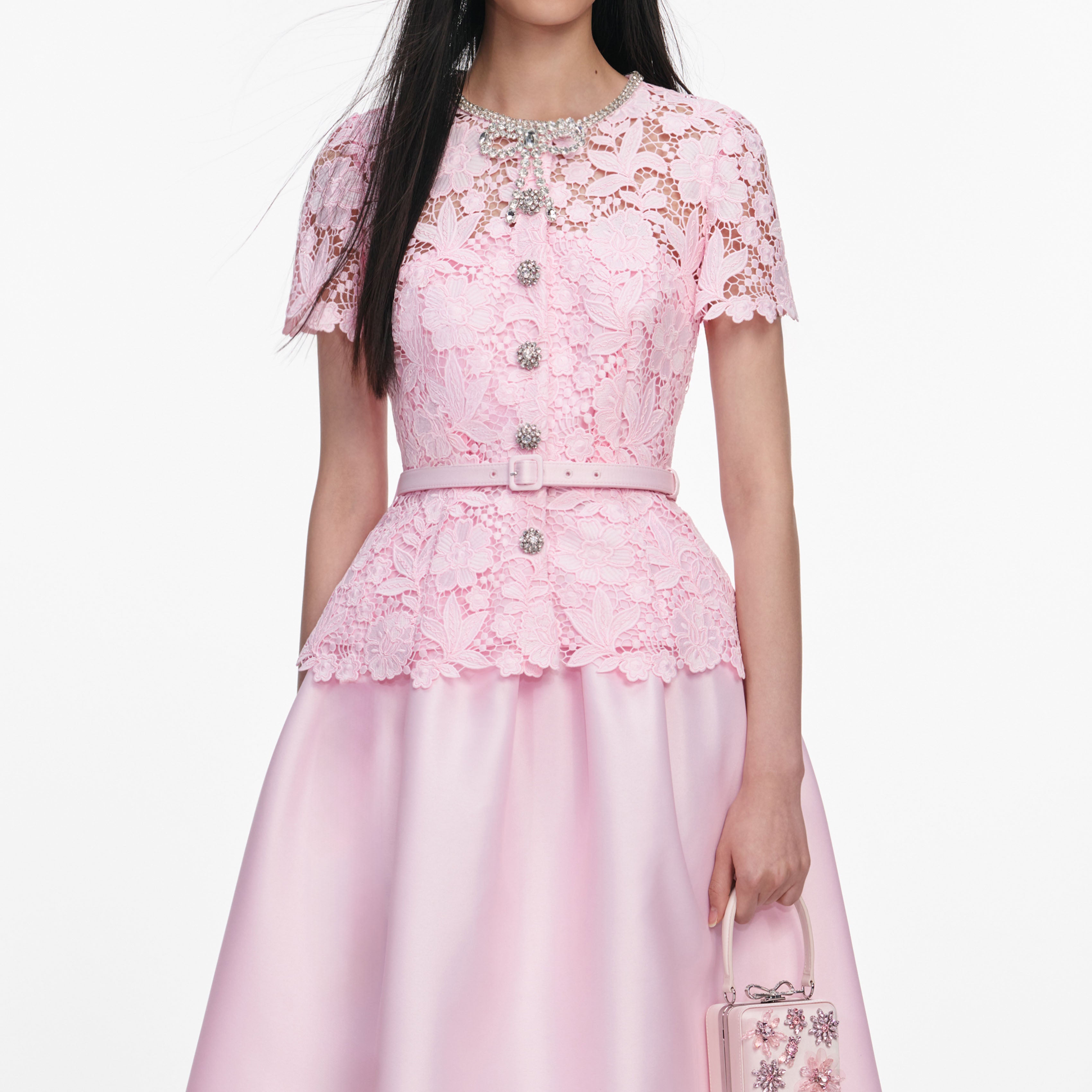 Self Portrait Pink Lace Taffeta Midi Kleid Pink UK 8 Spitze