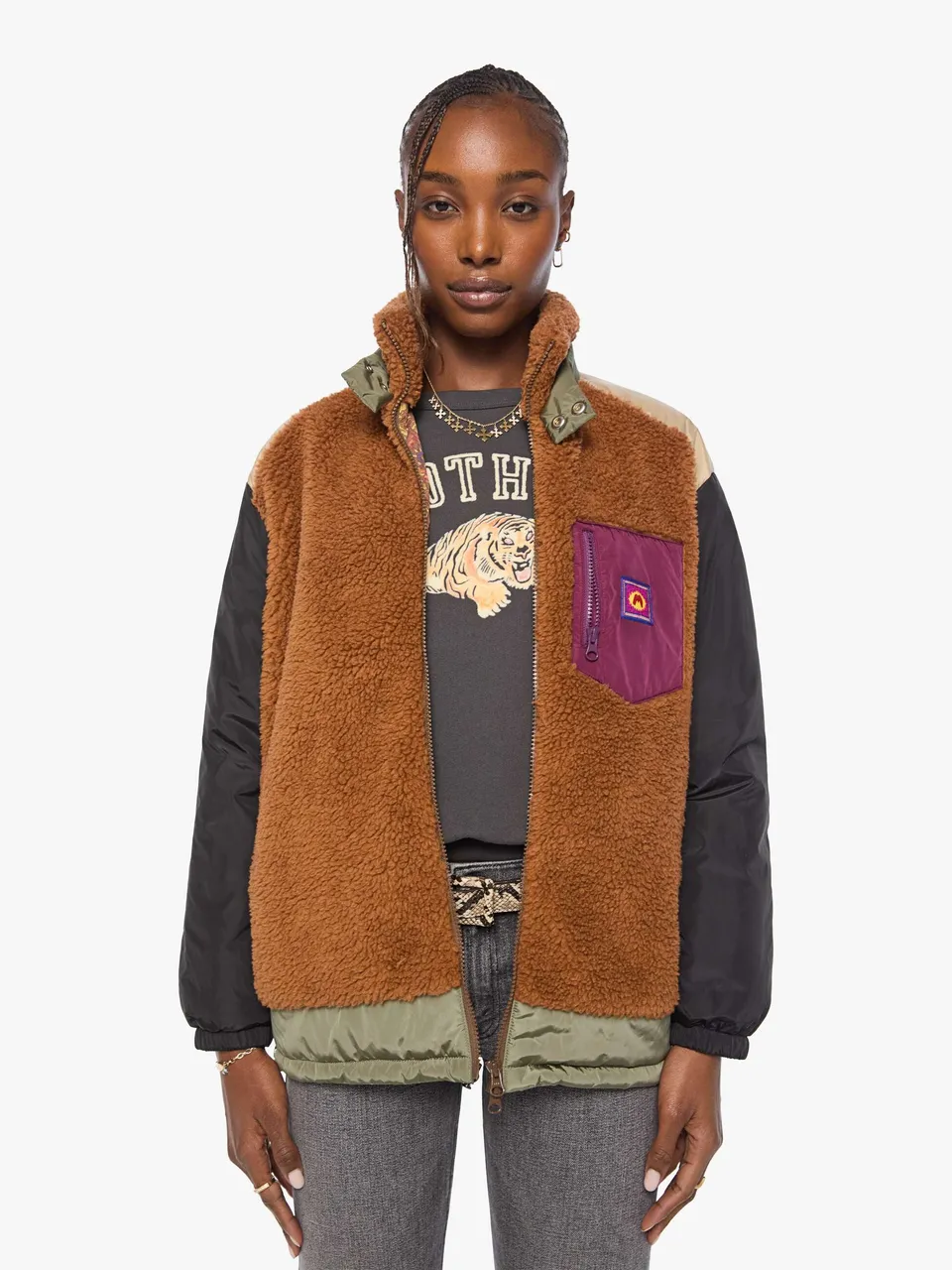Mother The Teddy Zip Teddyjacke Braun Oversize Faux-Sherpa