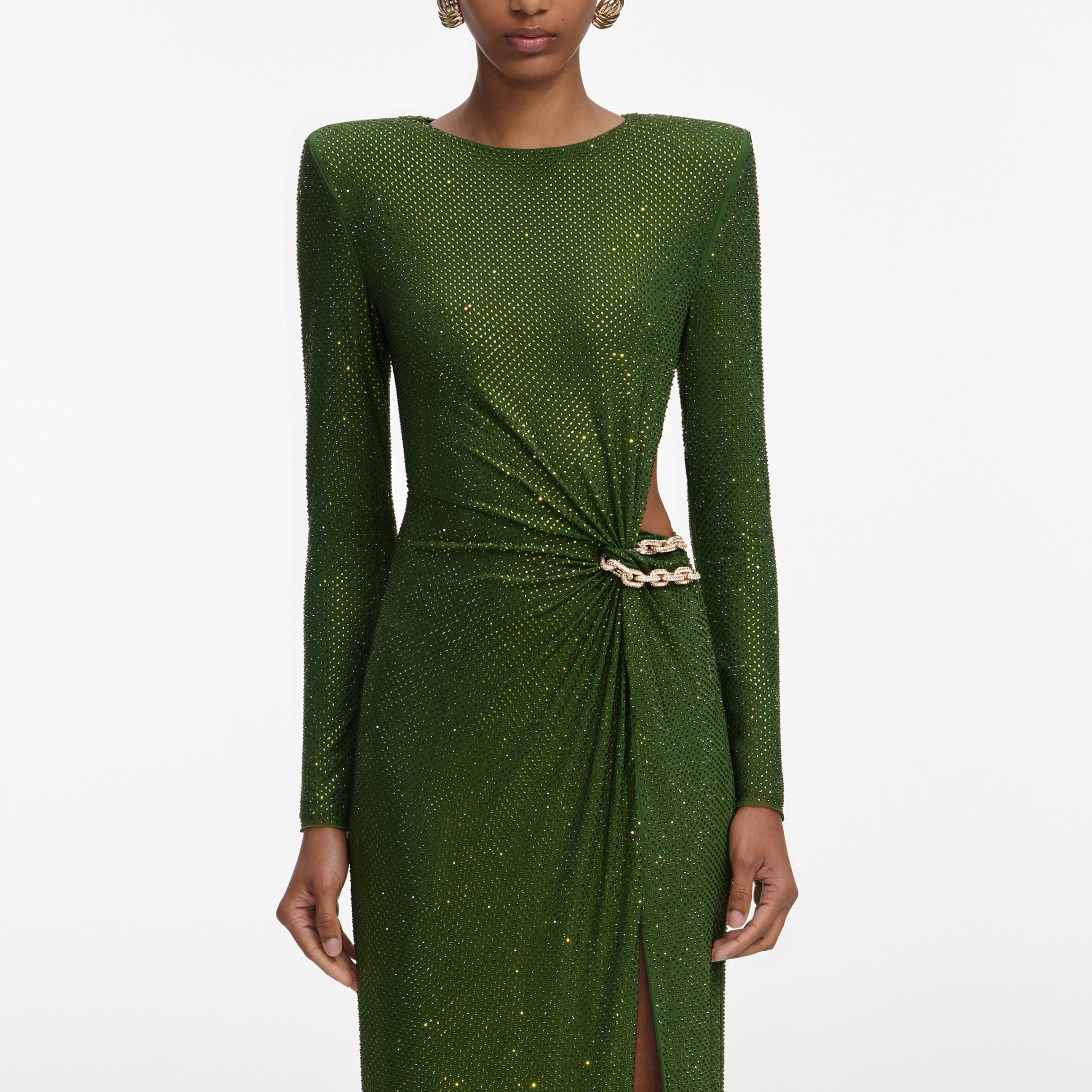 Self Portrait Olive Rhinestone Maxi Kleid Grün Strass