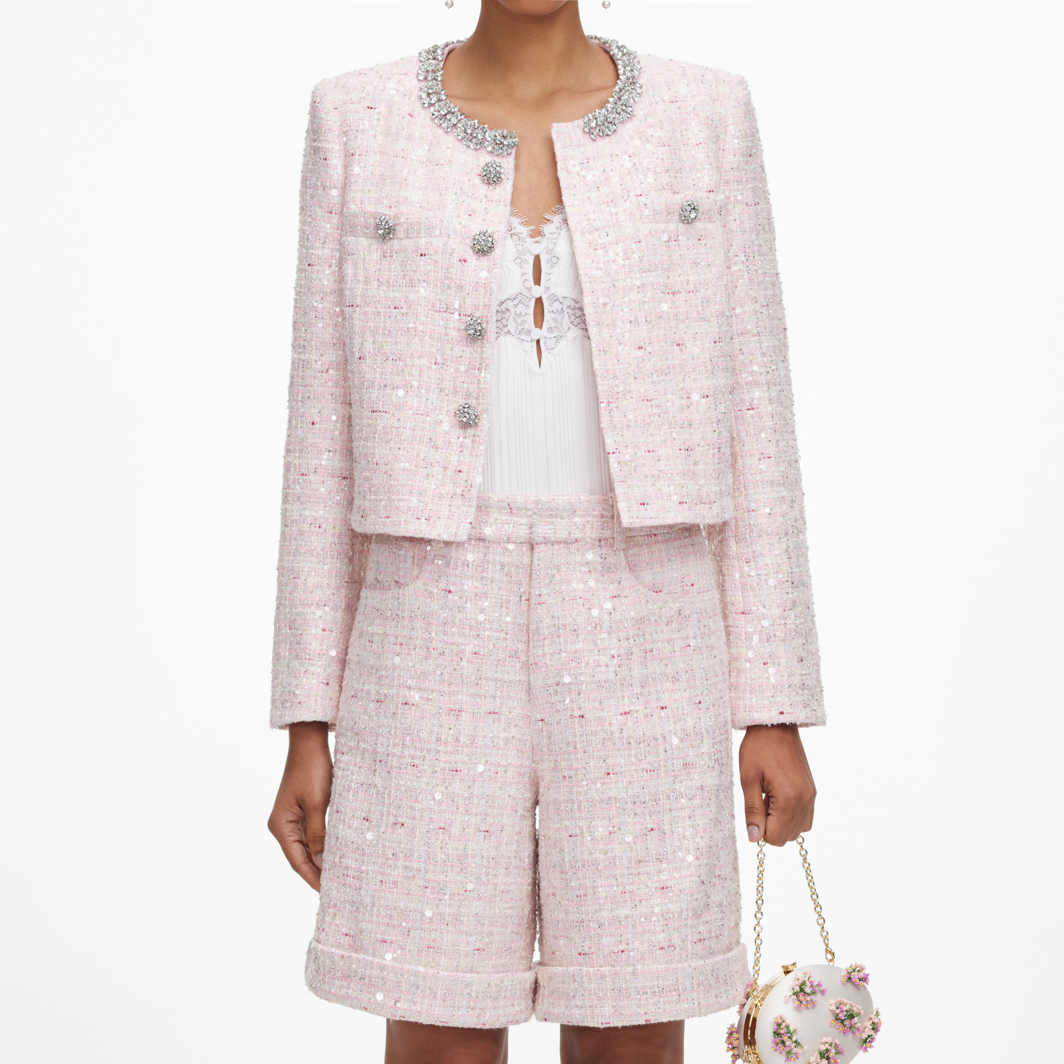 Self Portrait Pink Sequin Boucle Shorts Rosa