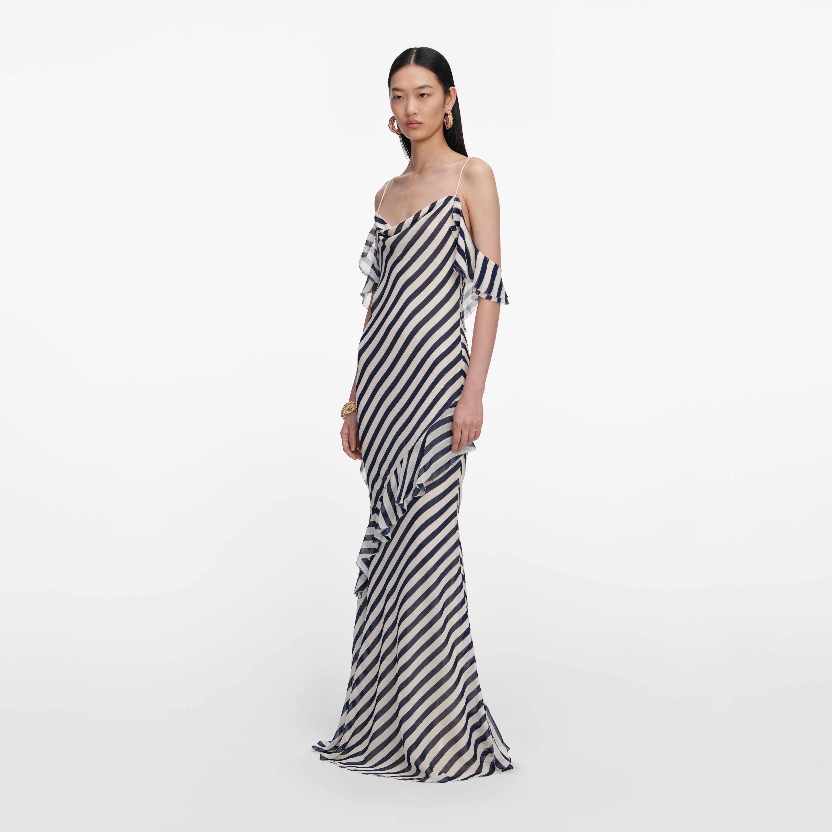Self Portrait Stripe Maxikleid Navy Georgette Gestreift