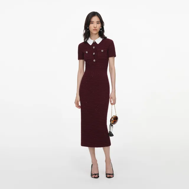Self Portrait Burgundy Textured Midikleid Bordeaux Waffelstrick
