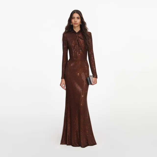 Self Portrait Brown Rhinestone Maxi Kleid Braun