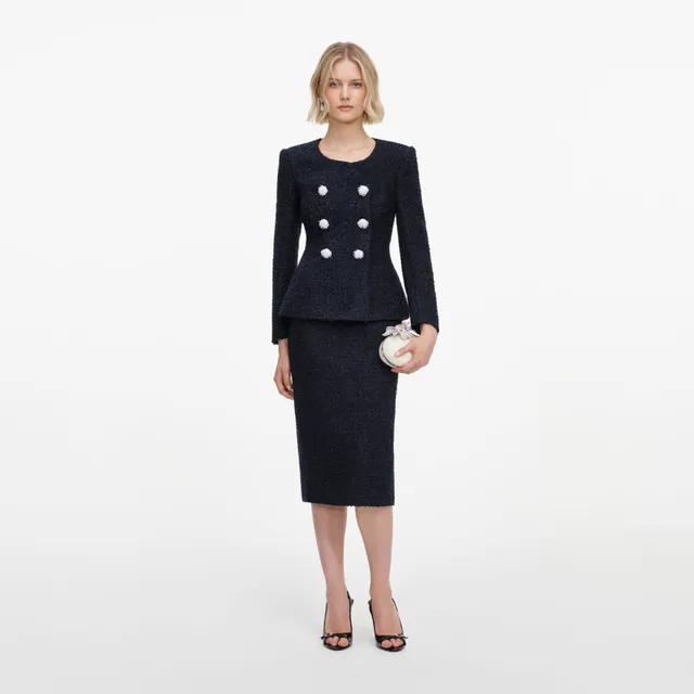 Self Portrait Navy Boucle Midi Dress Kleid Navy