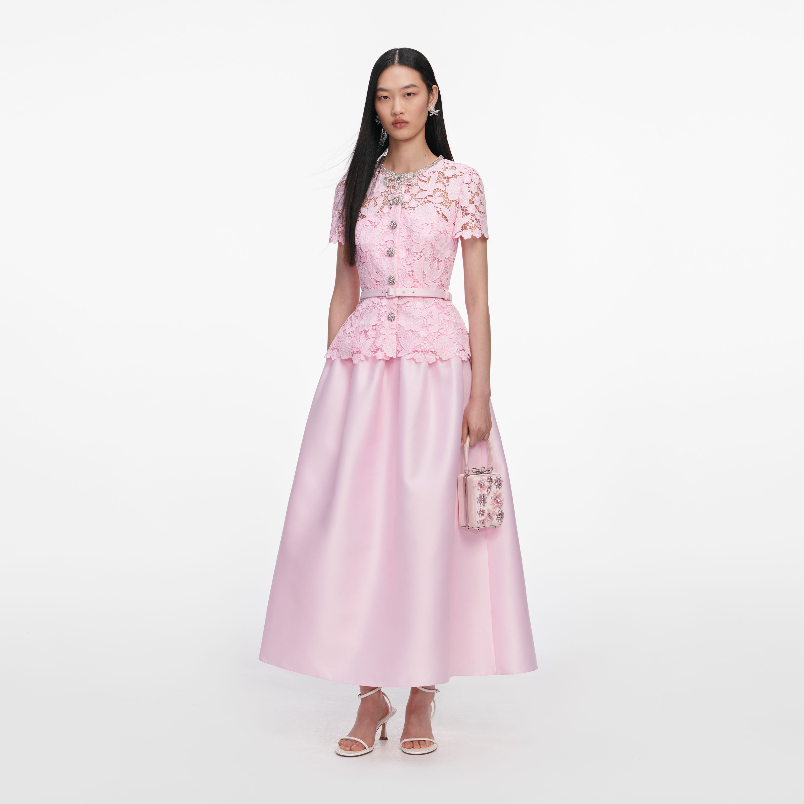 Self Portrait Pink Lace Taffeta Midi Kleid Pink UK 8 Spitze