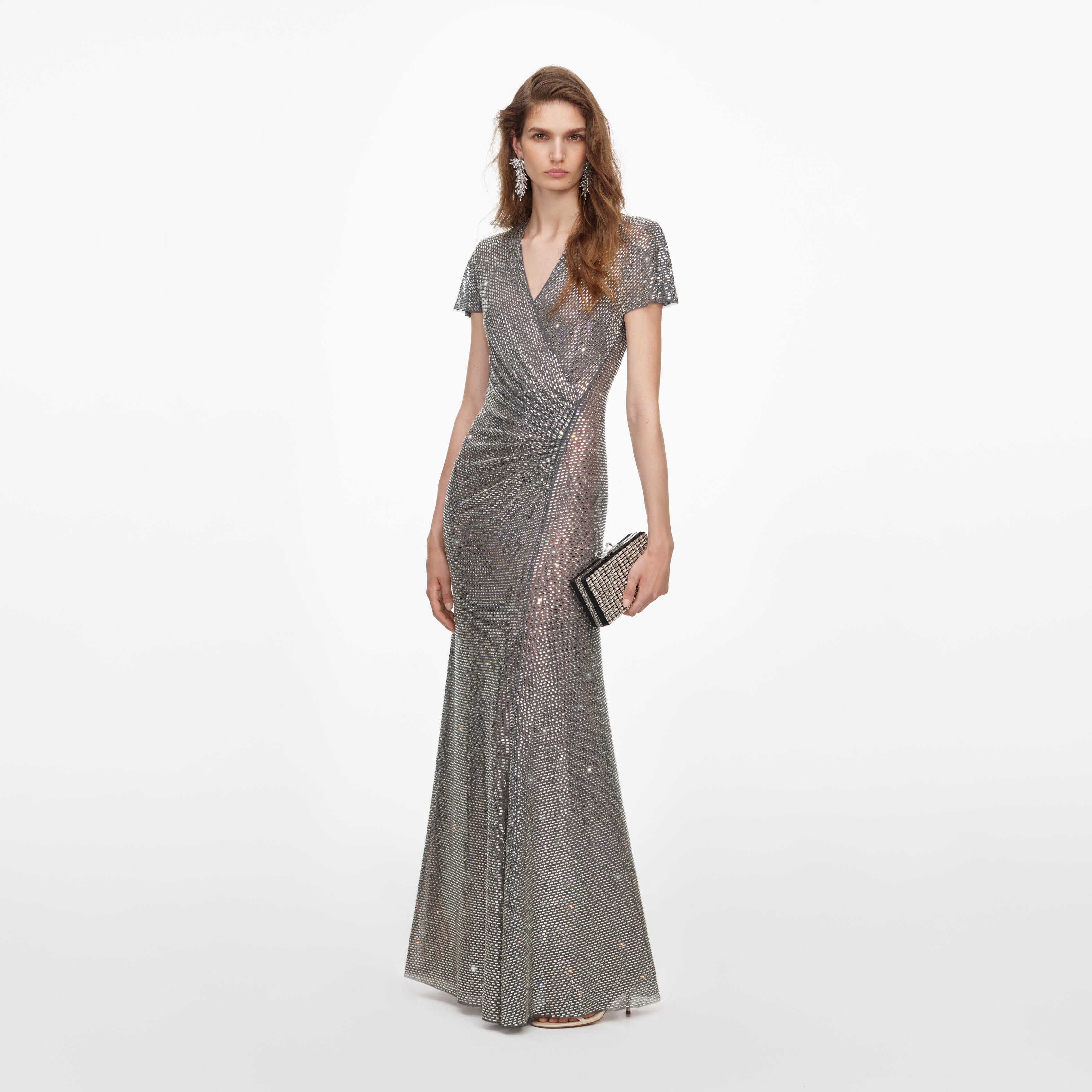 Self Portrait Grey Rhinestone Mesh Wrap Maxi Kleid Grau UK 4