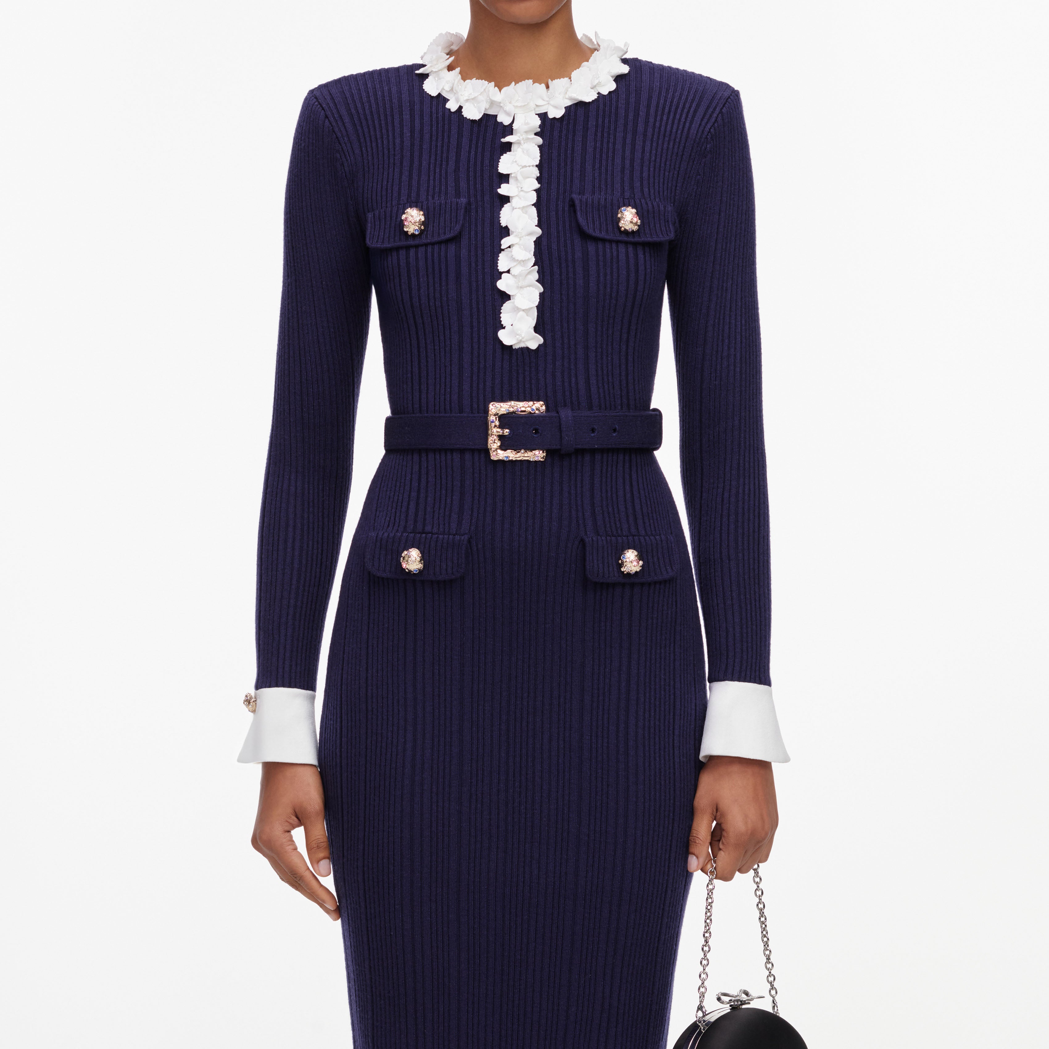 Self Portrait Navy Flower Rib Knit Midi Kleid Navy