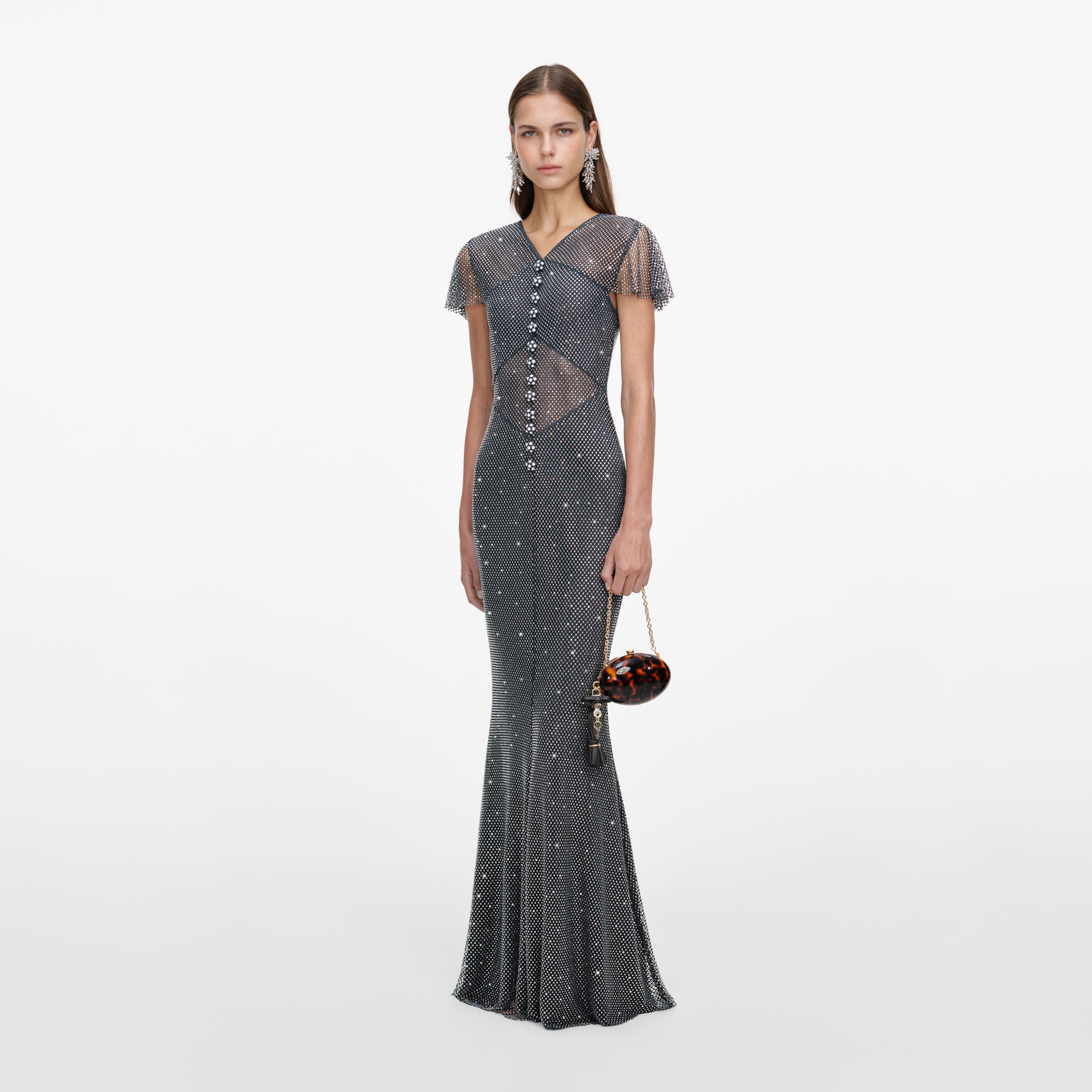 Self Portrait Grey Rhinestone Fishnet Maxi Dress Kleid UK6