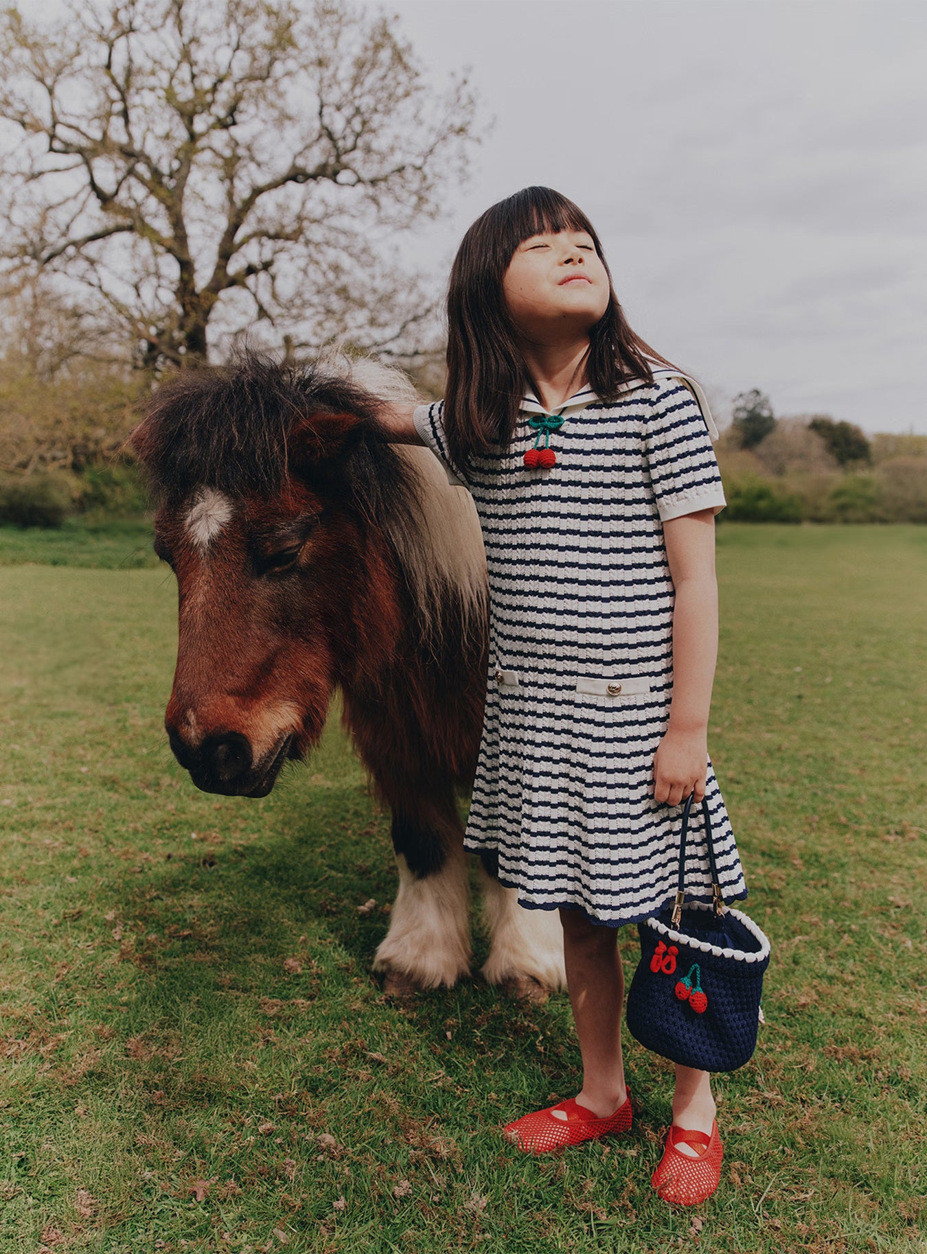Self Portrait Navy Cream Stripe Kinderkleid Pointelle 5/6