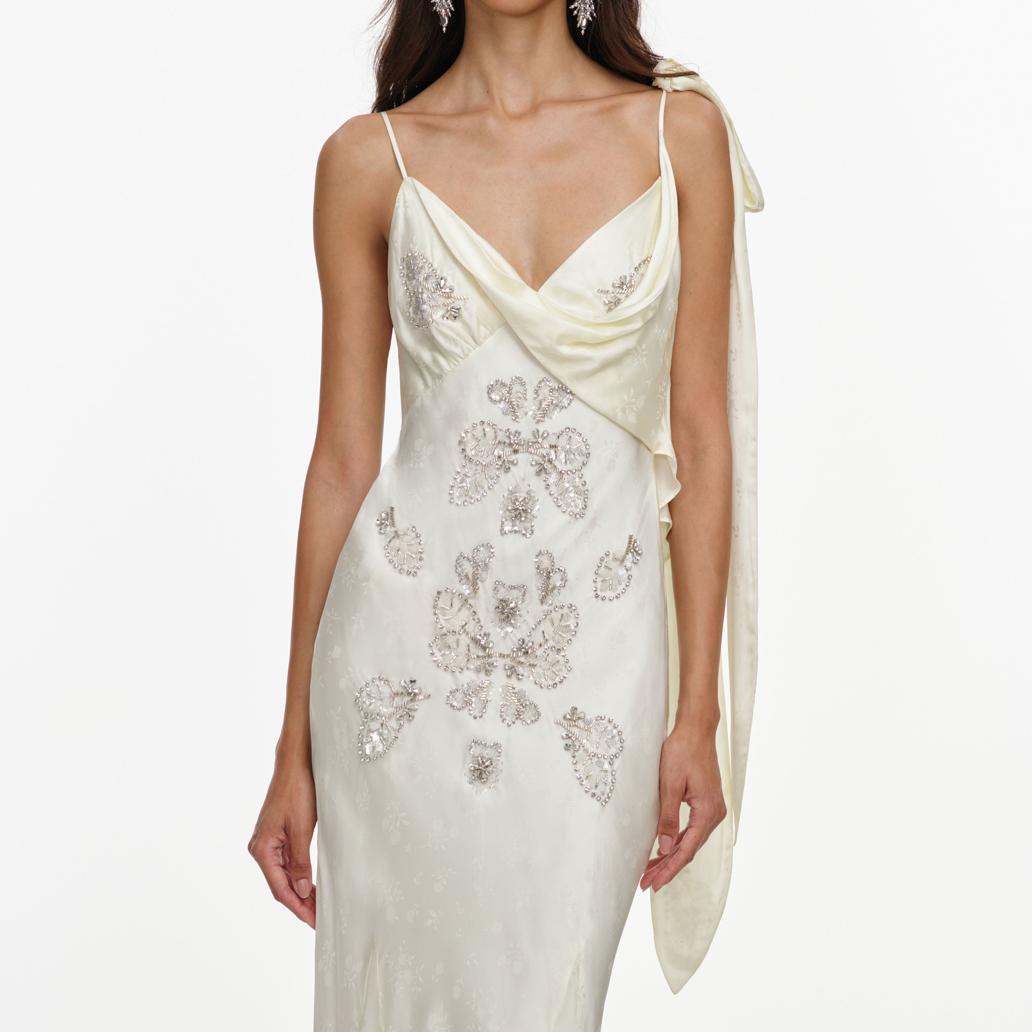 Self Portrait Cream Embellished Floral Maxikleid Creme Satin