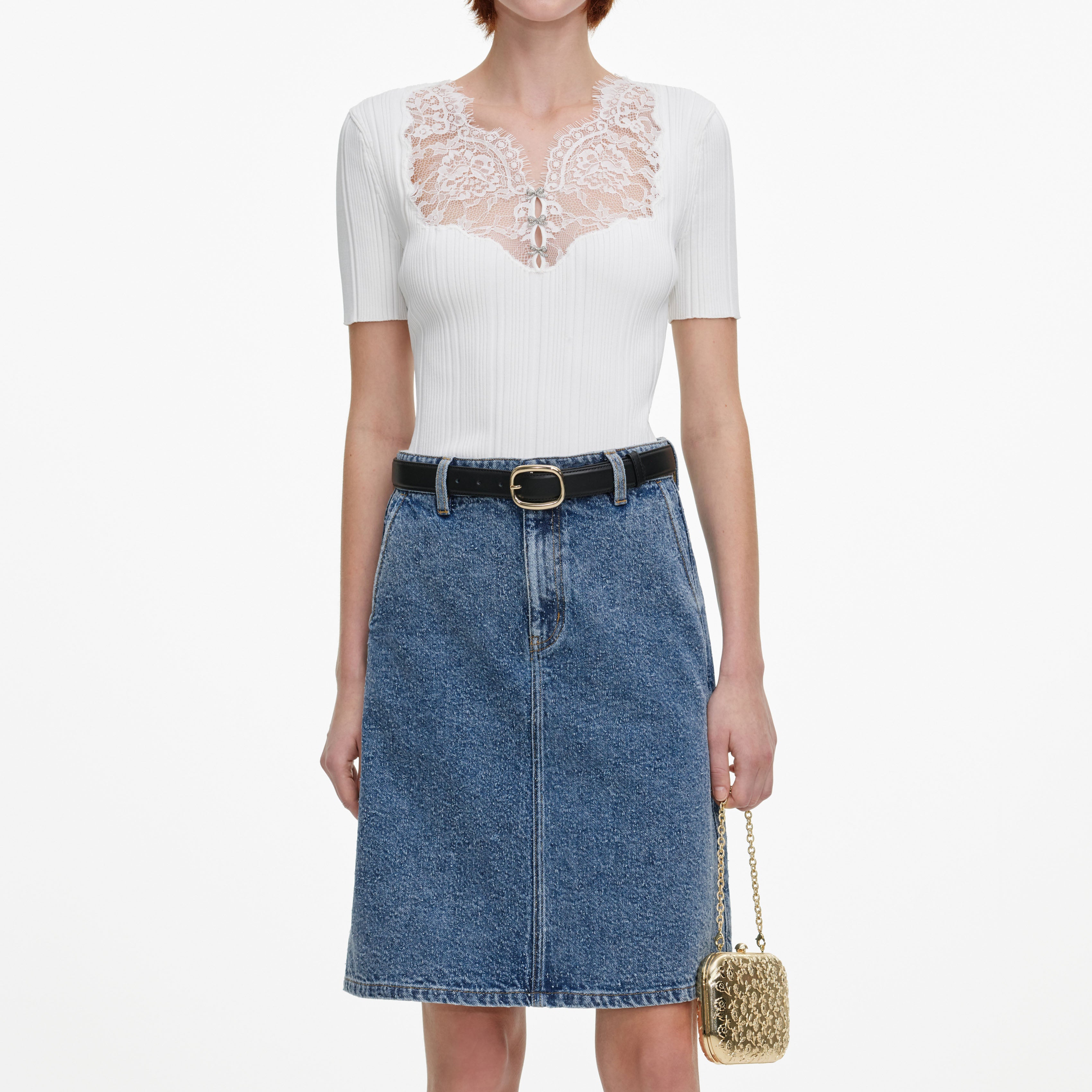 Self Portrait Lace Bib Knit Top Weiß Spitze Stricktop