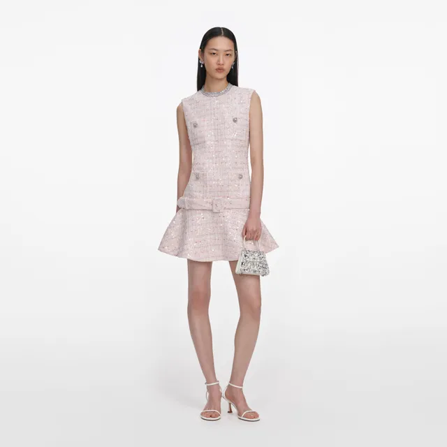 Self Portrait Pink Sequin Boucle Belted Mini Kleid Rosa