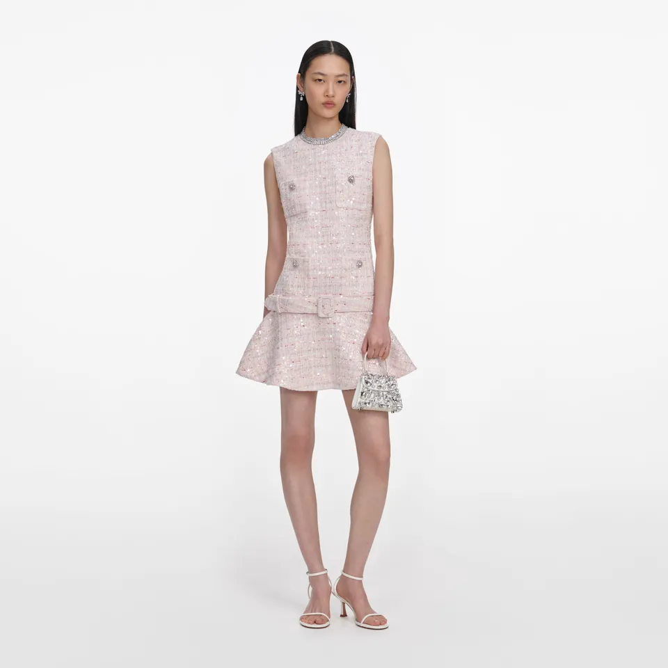 Self Portrait Pink Sequin Boucle Belted Mini Kleid Rosa