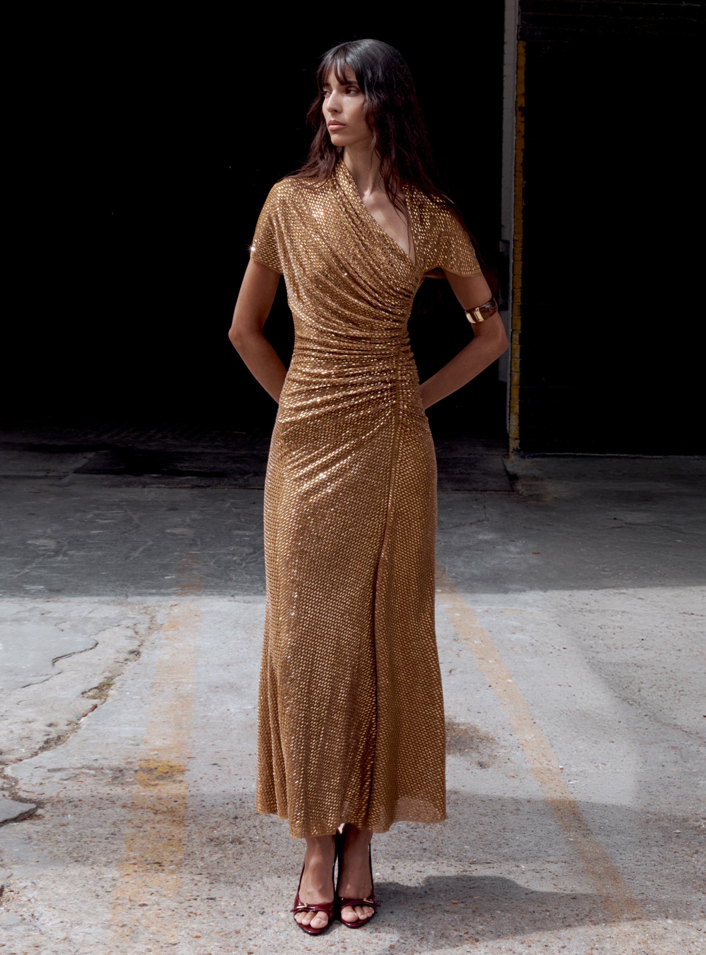 Self Portrait Gold Rhinestone Drape Midi Kleid Gold