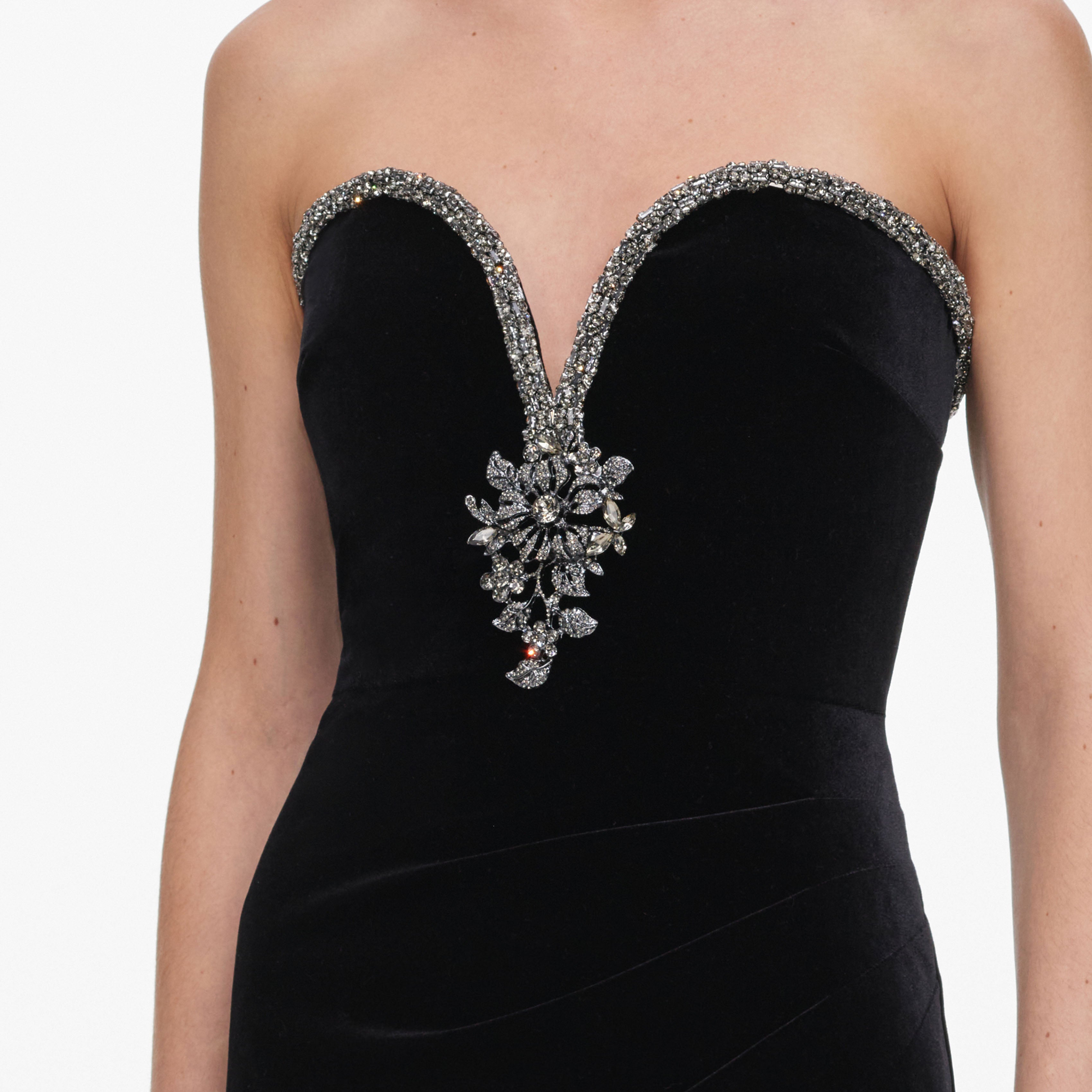 Self Portrait Black Velvet Maxi Kleid Samt Strass Schwarz