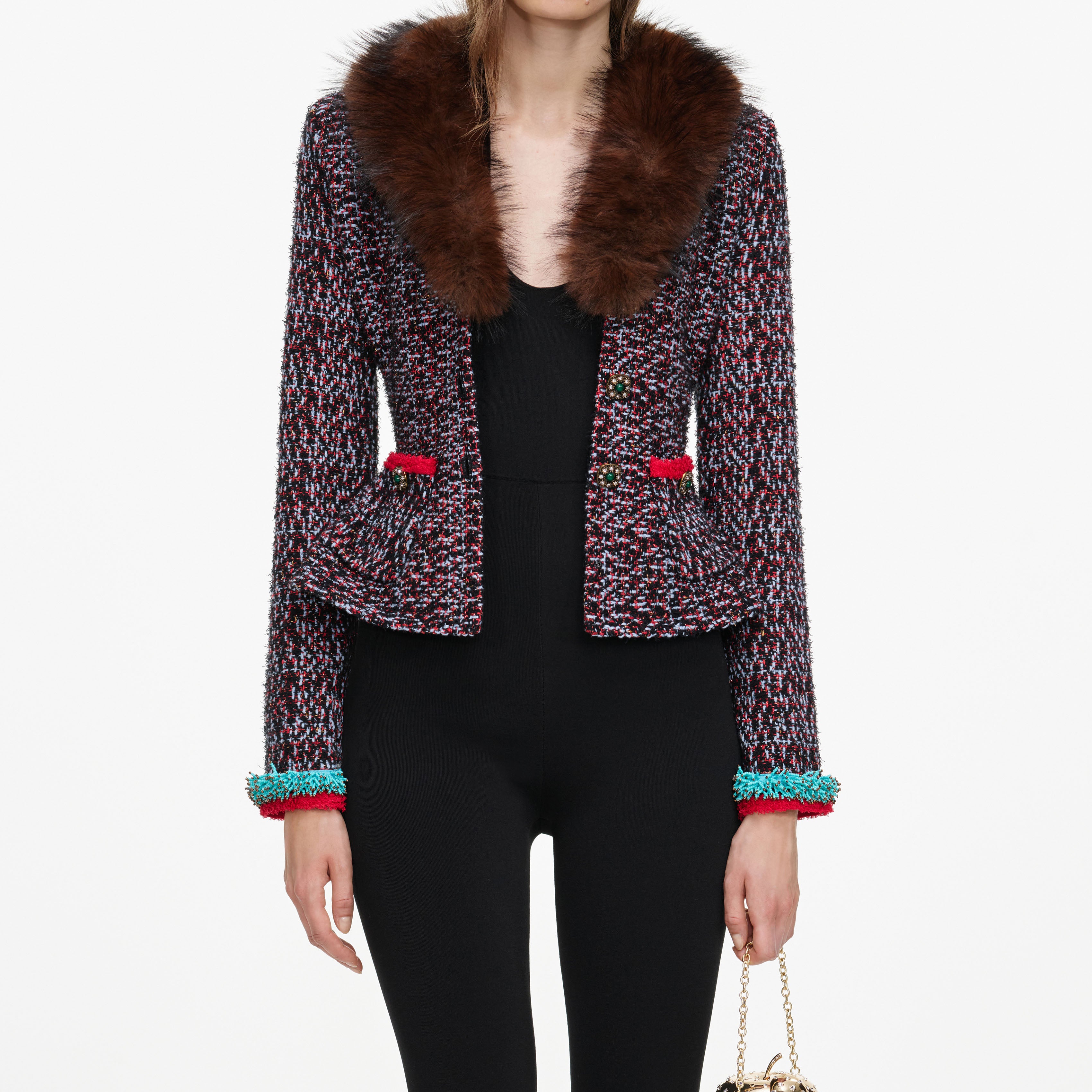 Self Portrait Textured Knit Peplum Cardigan Multi
