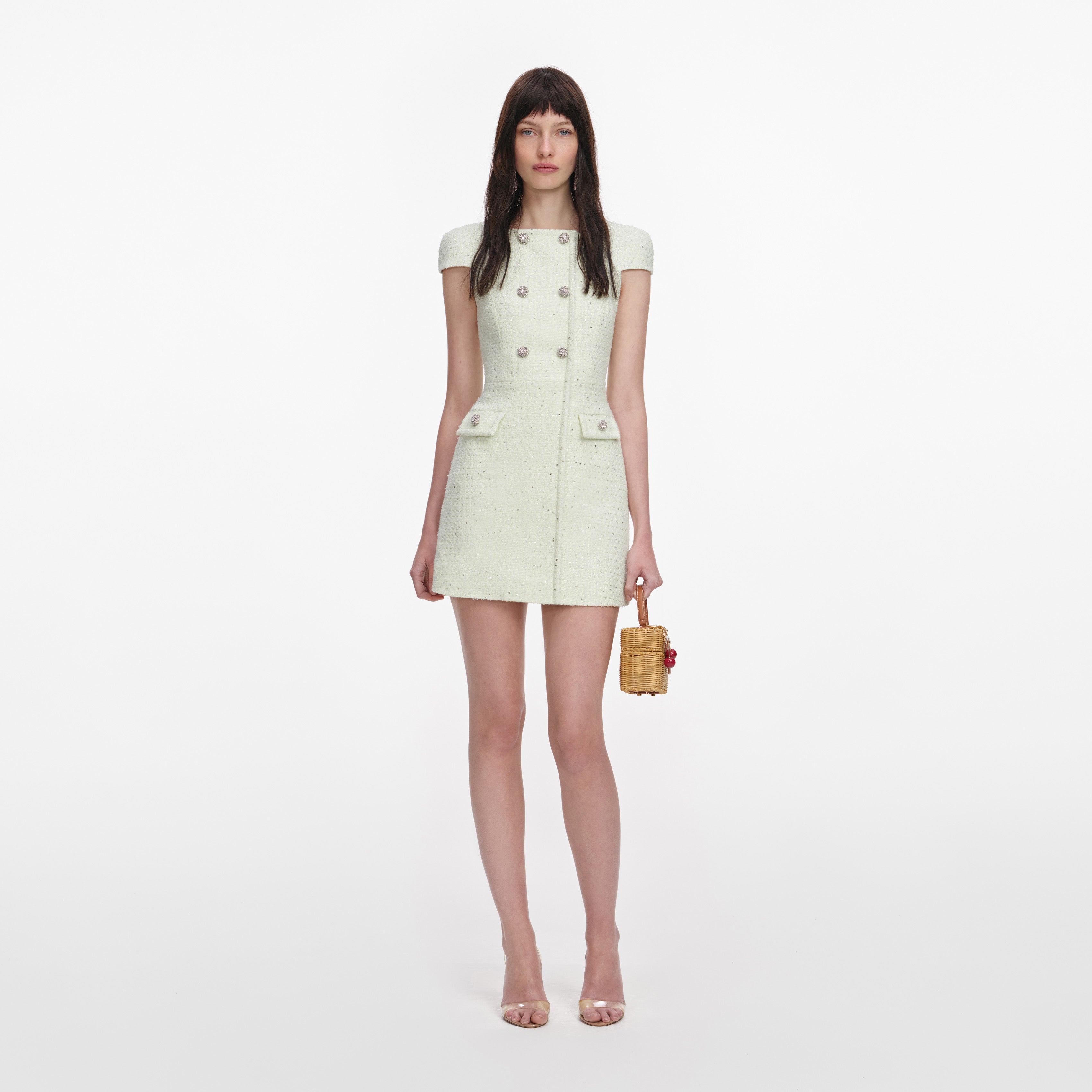 Self Portrait Lime Boucle Mini Kleid Grün Diamante Knöpfe
