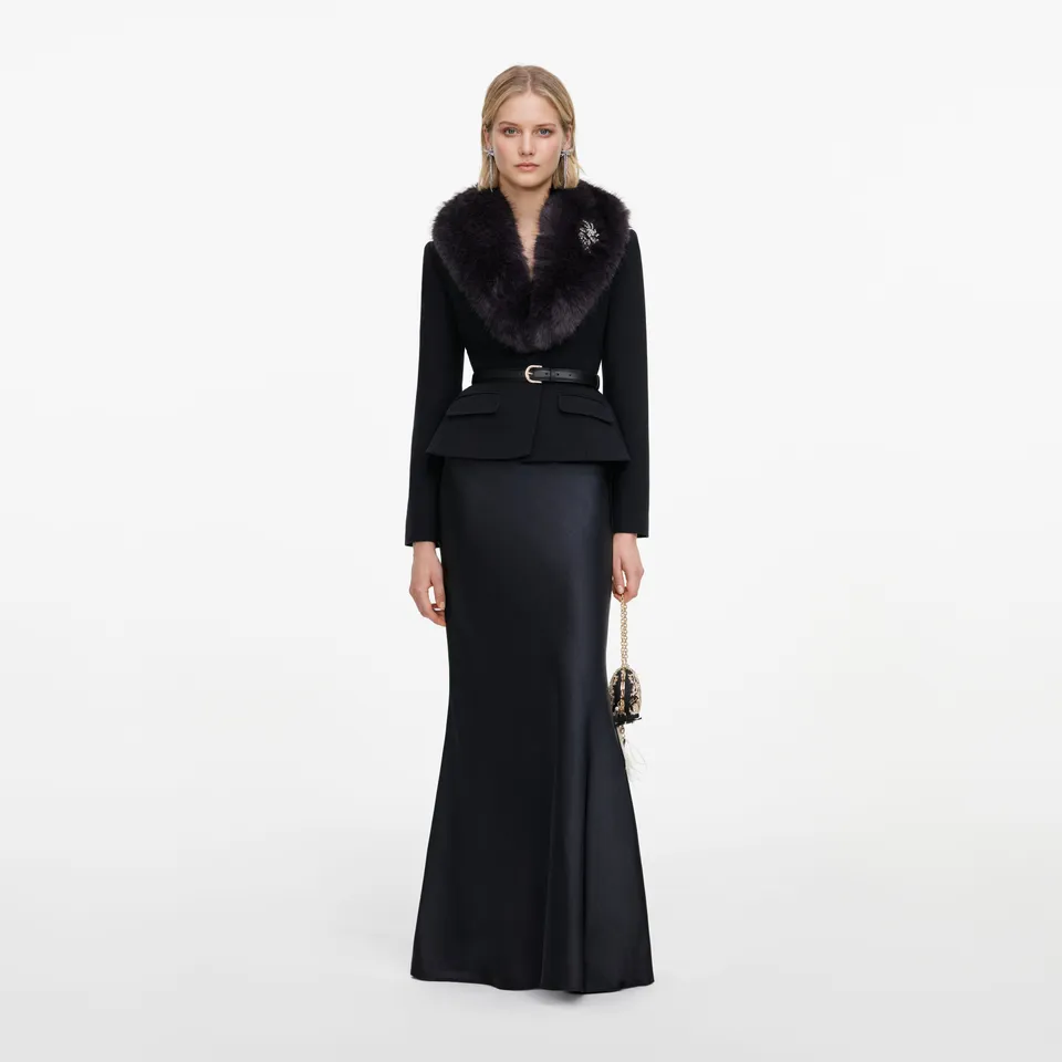 Self Portrait Black Tailored Fur Collar Maxikleid Schwarz