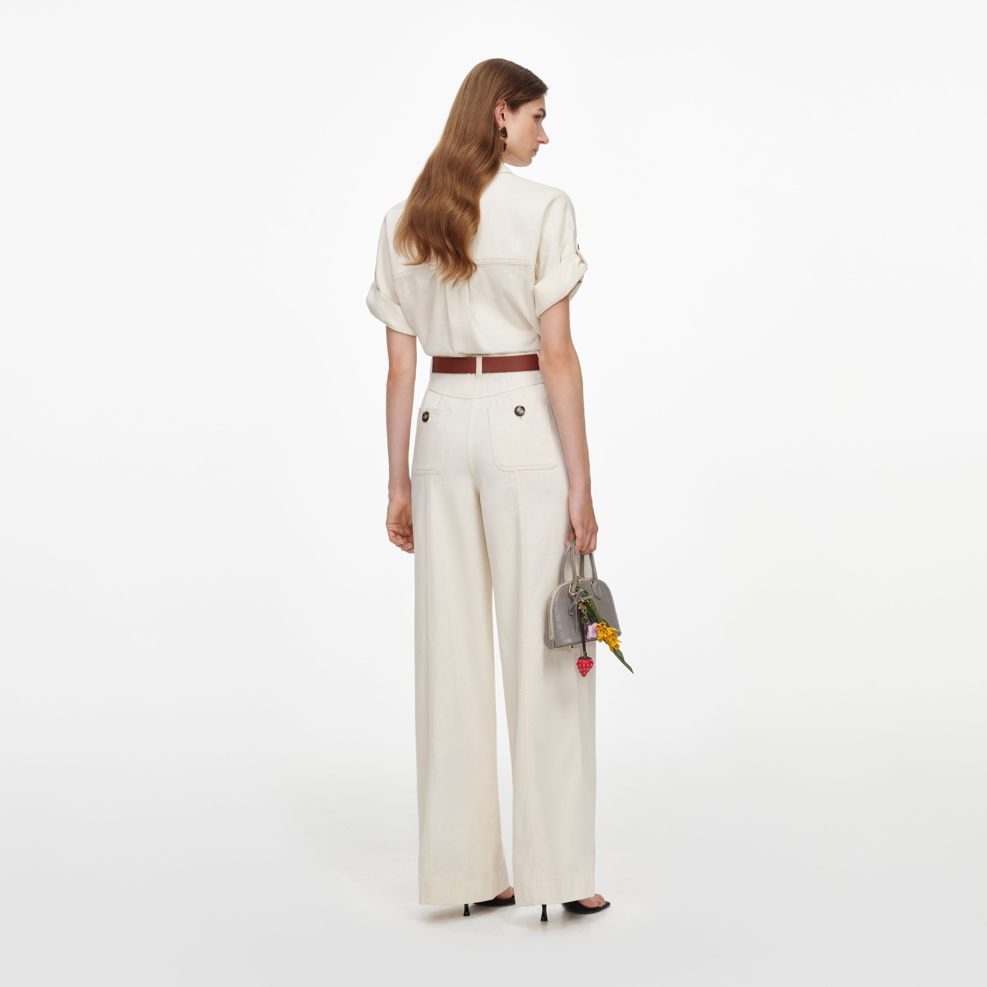 Self Portrait Denim Jumpsuit creme Kurzarm