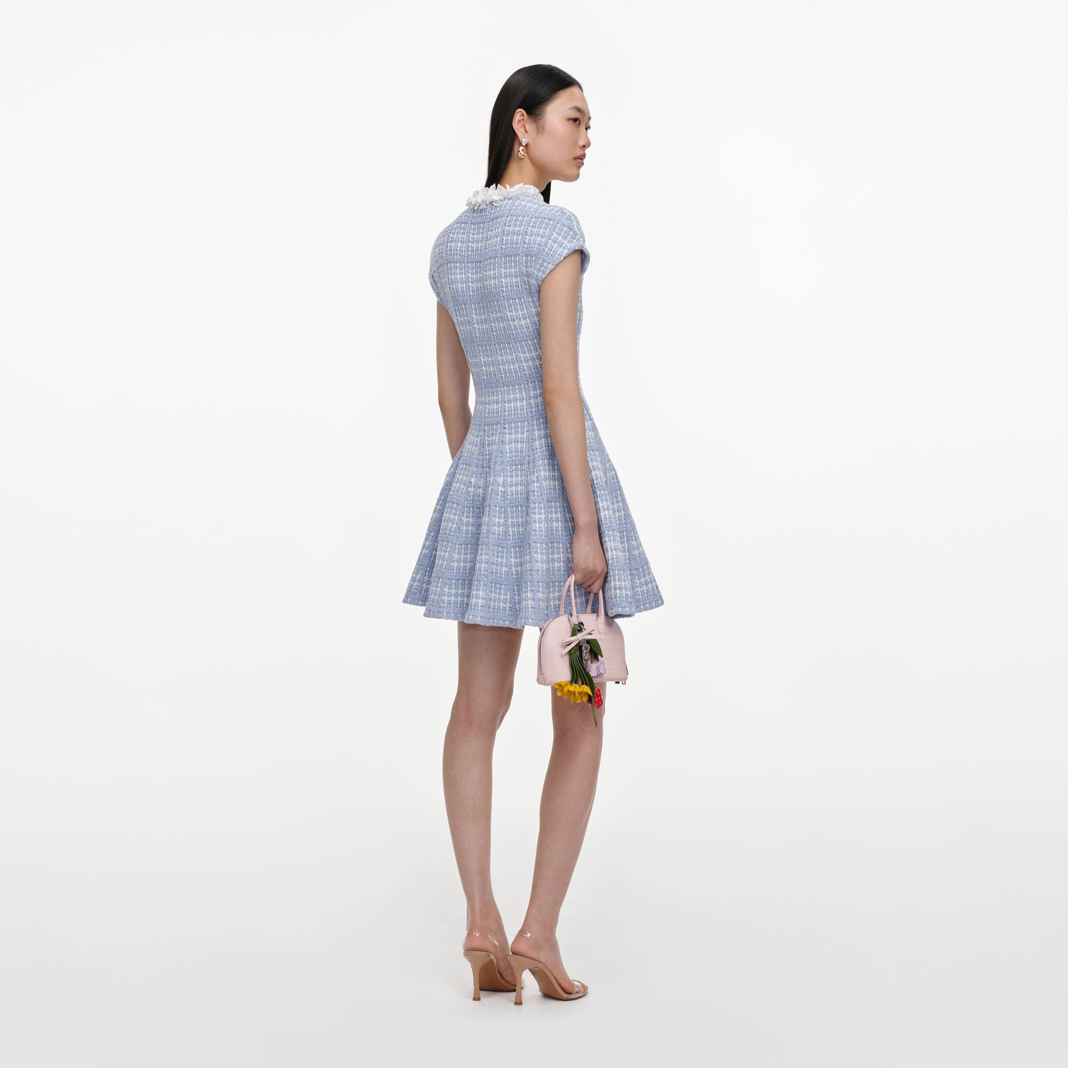 Self Portrait Blue Check Knit Minikleid Blau XS-L Perlen Taschen