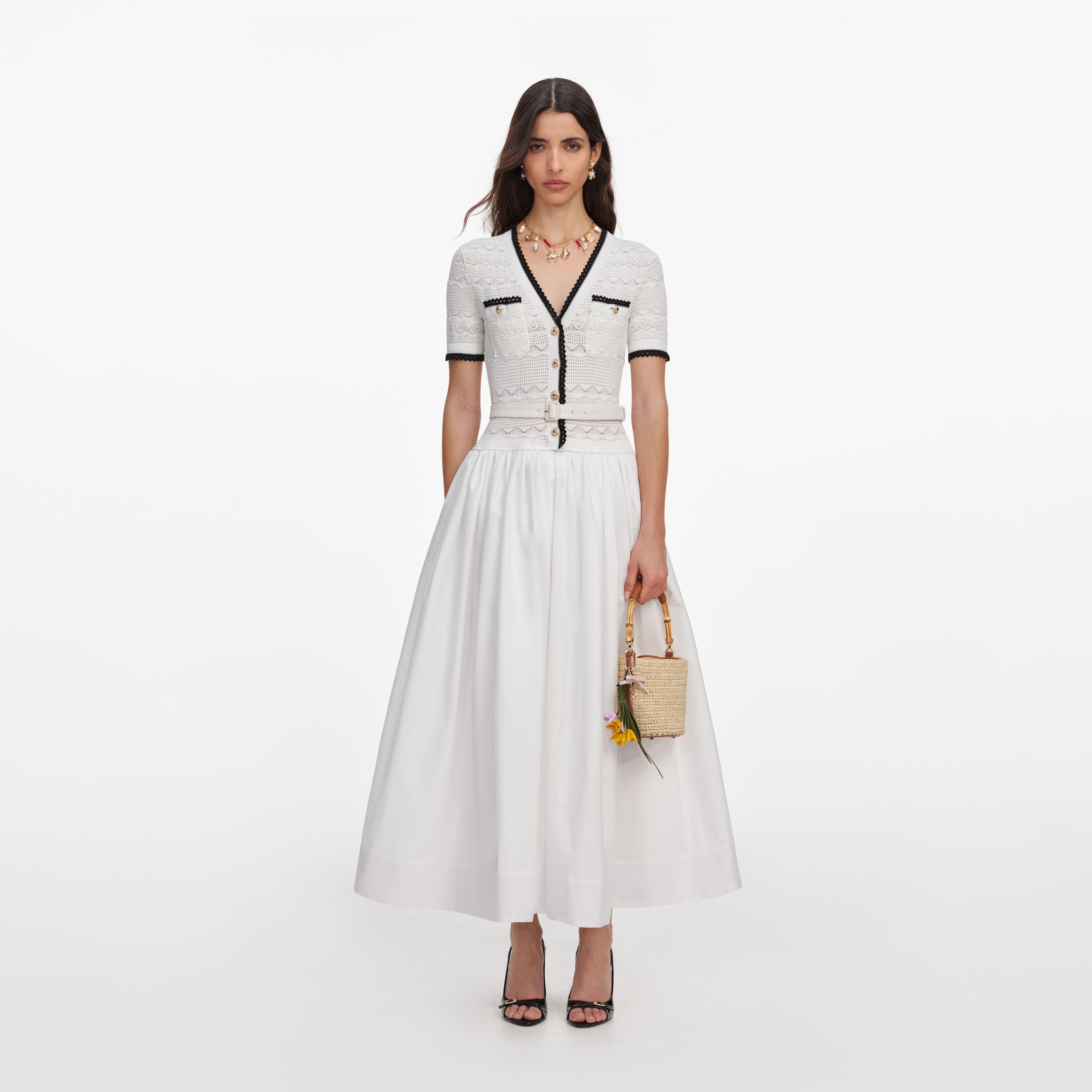 Self Portrait White Knit Linen Midi Kleid Weiß mit Gürtel