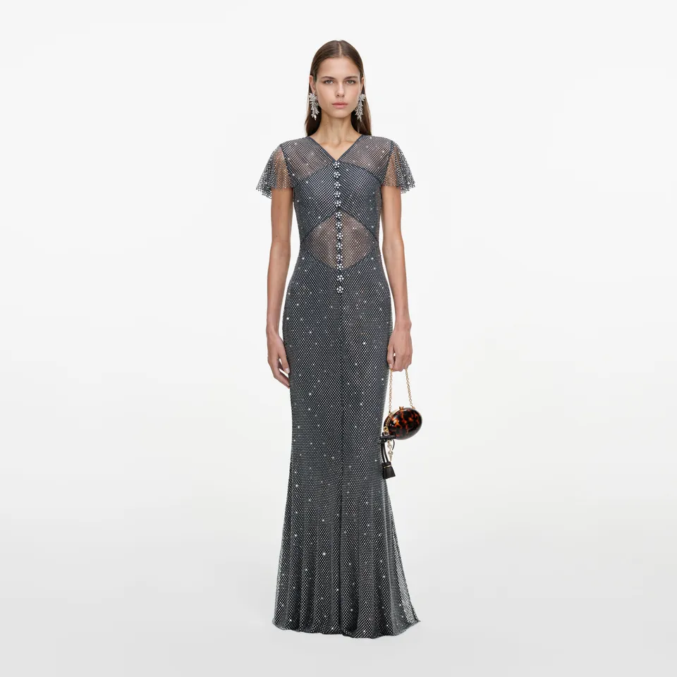 Self Portrait Grey Rhinestone Fishnet Maxi Dress Kleid UK6