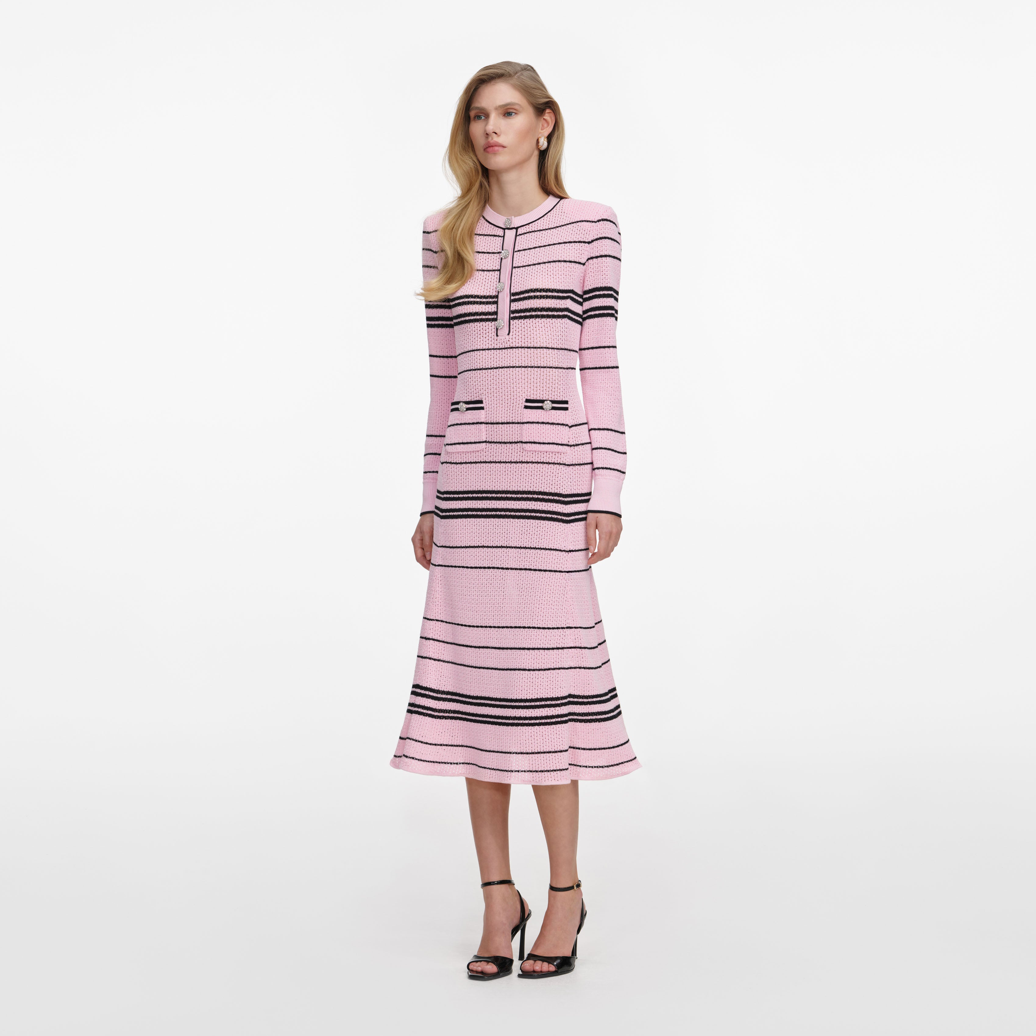 Self-Portrait Pink Stripe Knit Midi Kleid rosa gestreift
